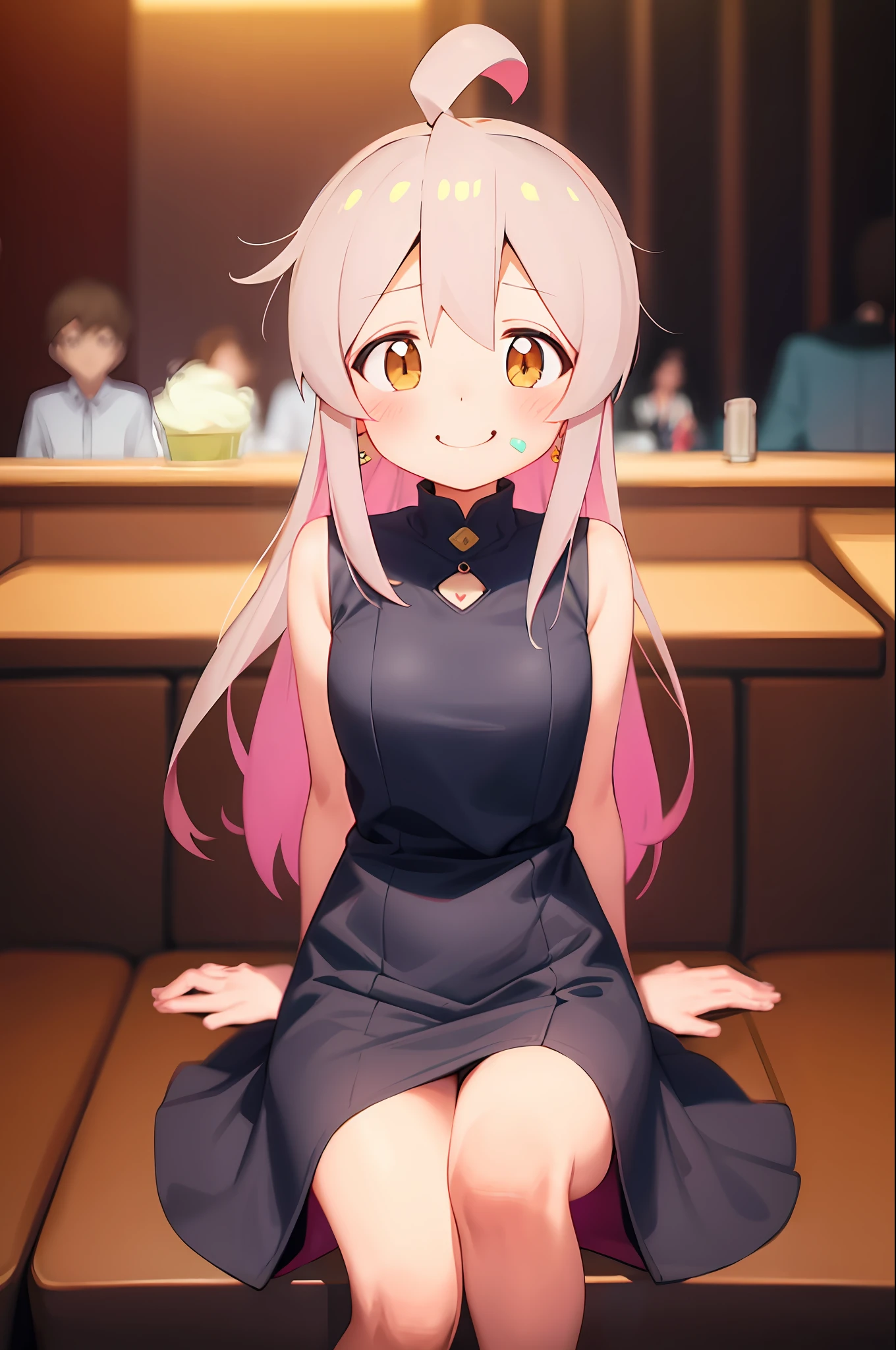 oyamamahiro, masterpiece, best quality, 1 gilr, , front view, sitting in a restaurant, facing the front, blushing, eating ice cream, tender eyes, appointment, coquettish, one-piece dress, finger ring, pretty earrings, pink lips, shy, looking at the front flushed, smile, happy and shy,