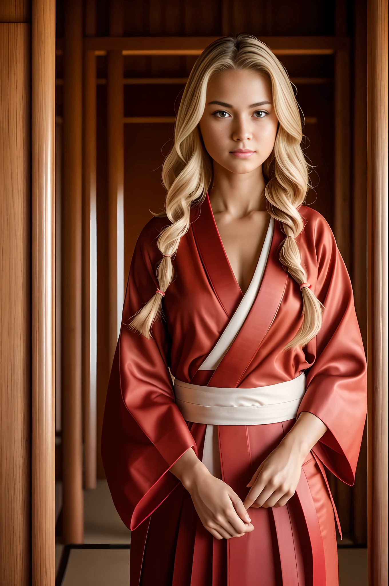 absurdres, RAW photo, highest quality, (masterpiece: 1.3), high detail RAW color photo, professional photo, extremely detailed CG 8k wallpaper unit, photo-realistic, realistic, RAW photo, masterpiece, best quality, highres,
1girl, 19 YEARS old, white, blonde hair, wavy, Average length, random hairstyle, athletic body, thin legs, perfect beautiful face, beautiful light brown realistic eyes, fair skin, detailed skin texture, very small natural breasts. Serious. She looks amazing. (Red samurai kimono, red hakama, simple design). In a wooden dojo.