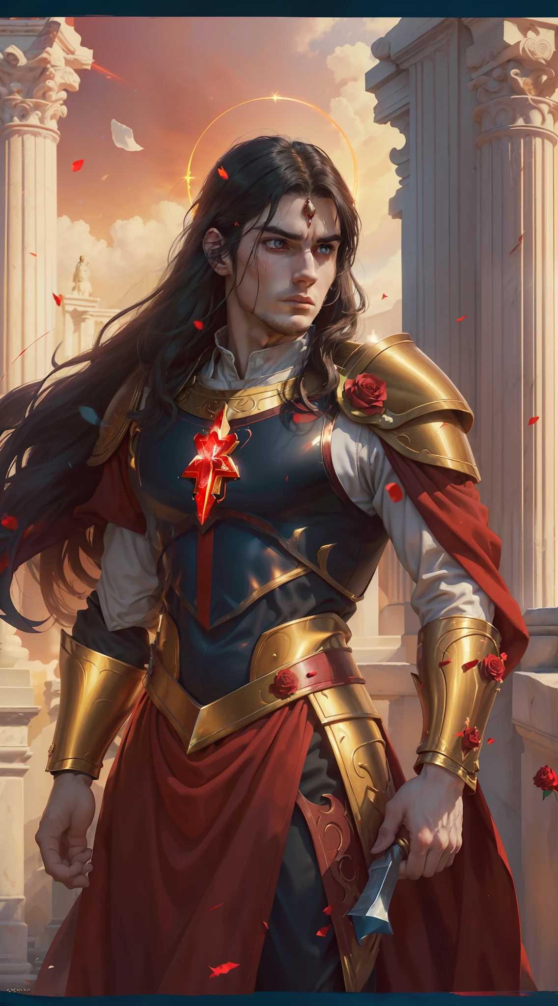 A young man, (((solo))), (25 years old, pale skin, tall, pale skin, round face, square jaw, serene look, completely red eyes, long black hair with bangs: 1.50, thick eyebrow, straight face), (he has a small red jewel in the middle of his forehead: 1.30) (he is a holy paladin, wears a costume of noble red and white long fabric,  with golden plate armor, halo), (he is bleeding, with his fist on his chest beating continence, with a rosary in hand, in an ancient city, with white marble structures, with a rose garden in the background, blue sky, closeup, medieval fantasy), (he conjures a red energy around him)