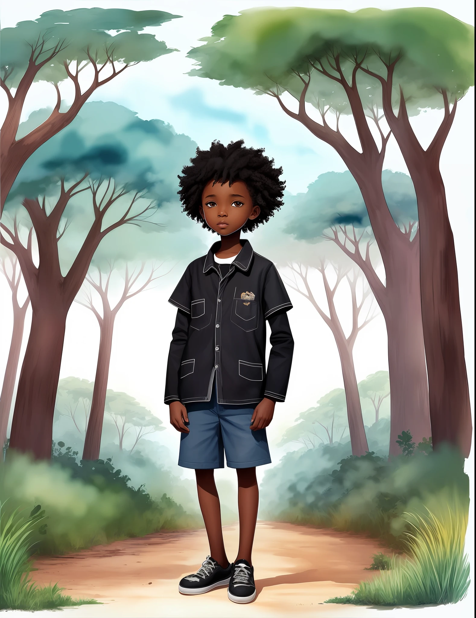 painting of a boy standing in the middle of an African Savanna, concept art of single boy, official illustration, full body portrait, Wearing a white - back - and sky blue striped t-shirt, detailed full body portrait, stylized digital illustration, a portrait of the character, full body portrait of a short!, inspired by Kadir Nelson, illustration”, illustrative art, full body character portrait, full body illustration, character full body portrait