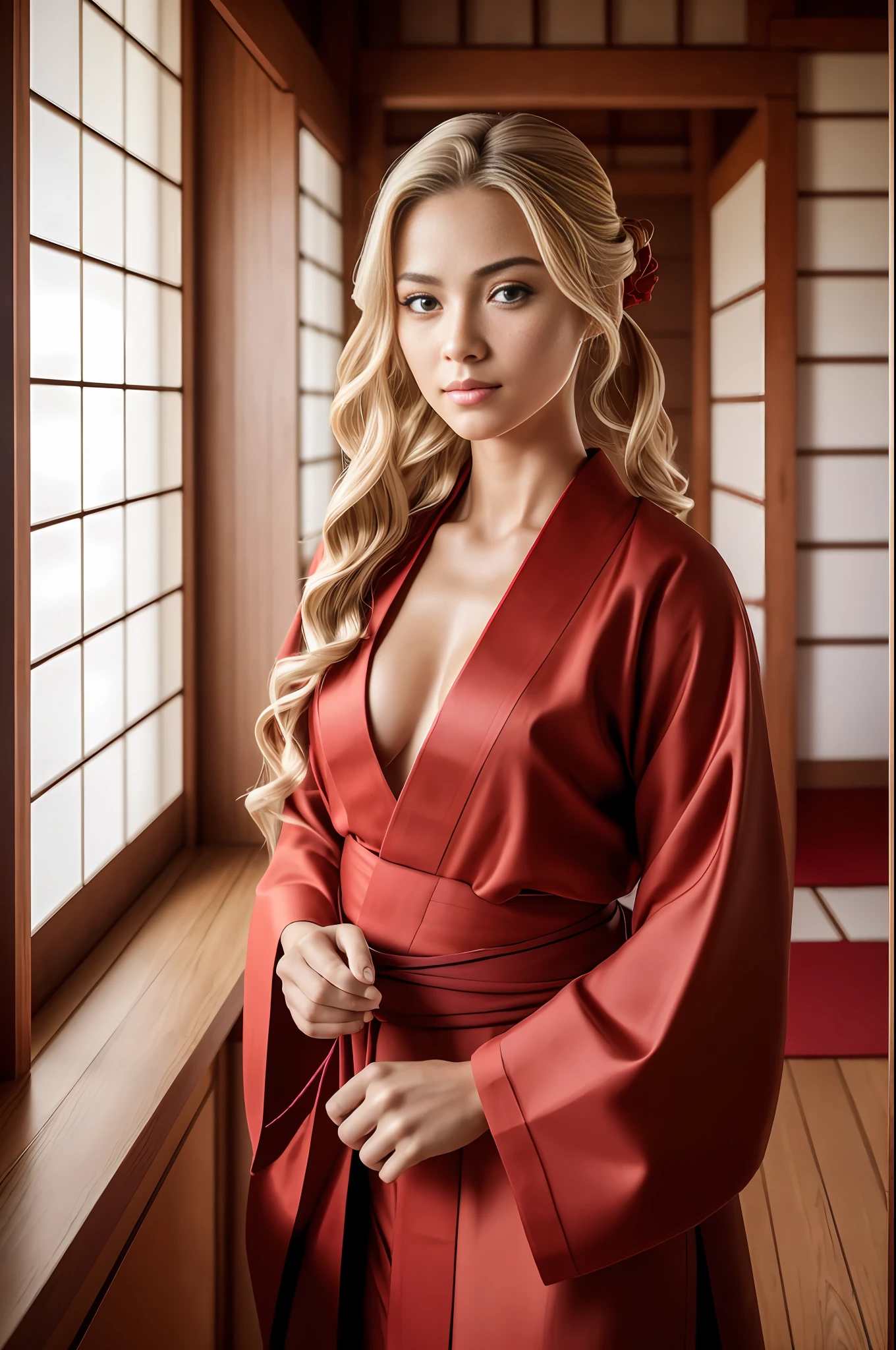 absurdres, RAW photo, highest quality, (masterpiece: 1.3), high detail RAW color photo, professional photo, extremely detailed CG 8k wallpaper unit, photo-realistic, realistic, RAW photo, masterpiece, best quality, highres,
1girl, 19 YEARS old, white, blonde hair, wavy, Average length, random hairstyle, athletic body, thin legs, perfect beautiful face, beautiful light brown realistic eyes, fair skin, detailed skin texture, very small natural breasts. Serious. She looks amazing. (Red samurai kimono, red hakama, simple design). In a wooden dojo.