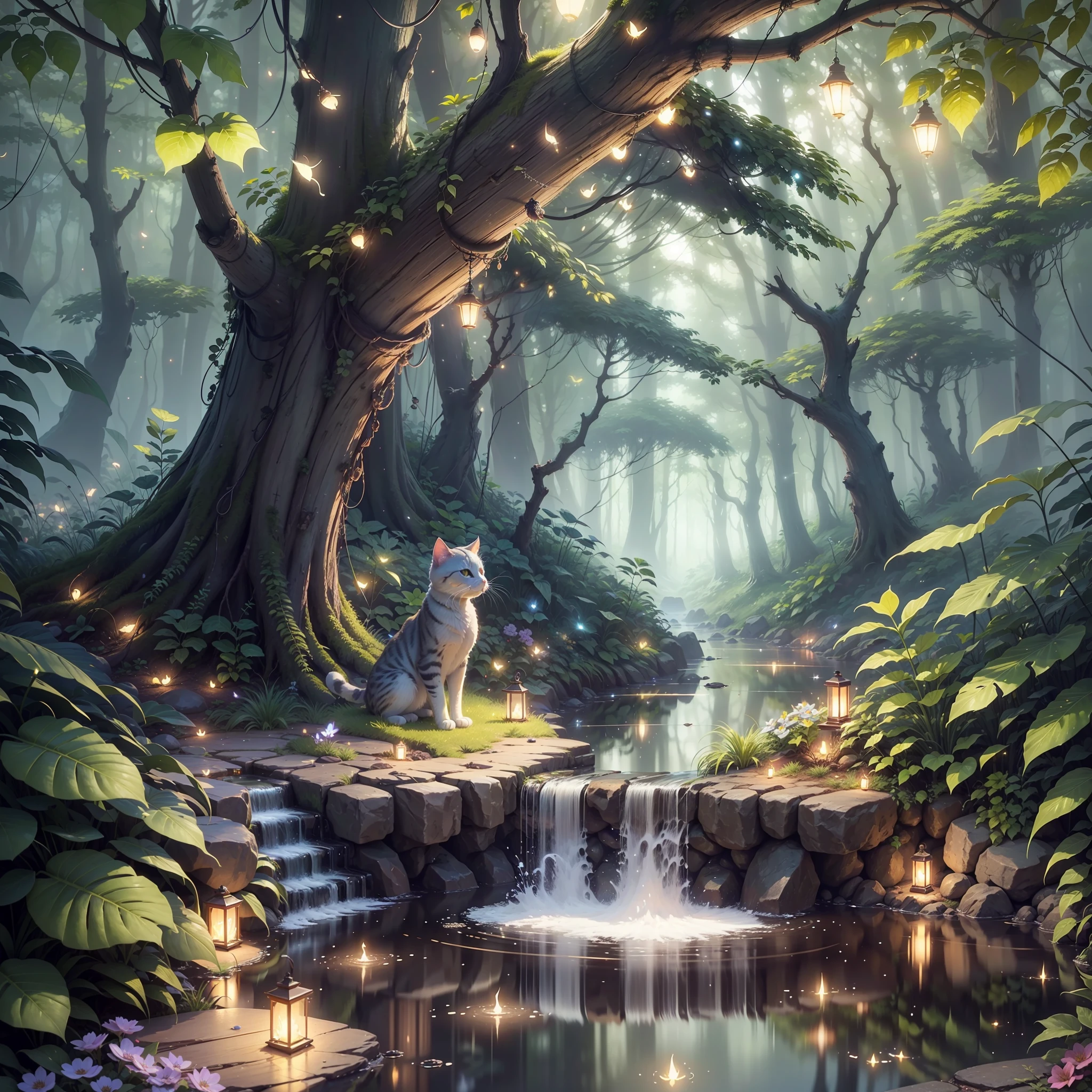 Masterpiece, best quality, (CG wallpaper 8k very detailed), (best quality), (best illustration), (best shadows), bright sprite, with a white cat, in the pool Drinking water, natural elements in the theme of the forest . Mysterious forest, beautiful forest, nature, surrounded by flowers, delicate leaves and branches surrounded by fireflies (natural elements), (jungle theme), (leaves), (branches), (fireflies), (particle effects) etc.3D, Octane rendering, ray tracing, super detailed --auto --s2