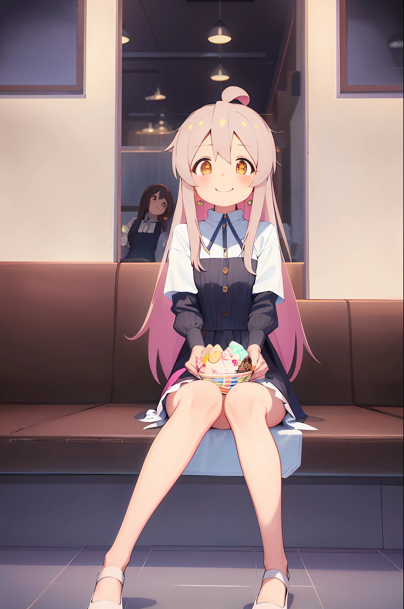 oyamamahiro, masterpiece, best quality, 1 gilr, , front view, sitting in a restaurant, facing the front, blushing, eating ice cream, tender eyes, appointment, coquettish, one-piece dress, finger ring, pretty earrings, pink lips, shy, looking at the front flushed, smile, happy and shy,