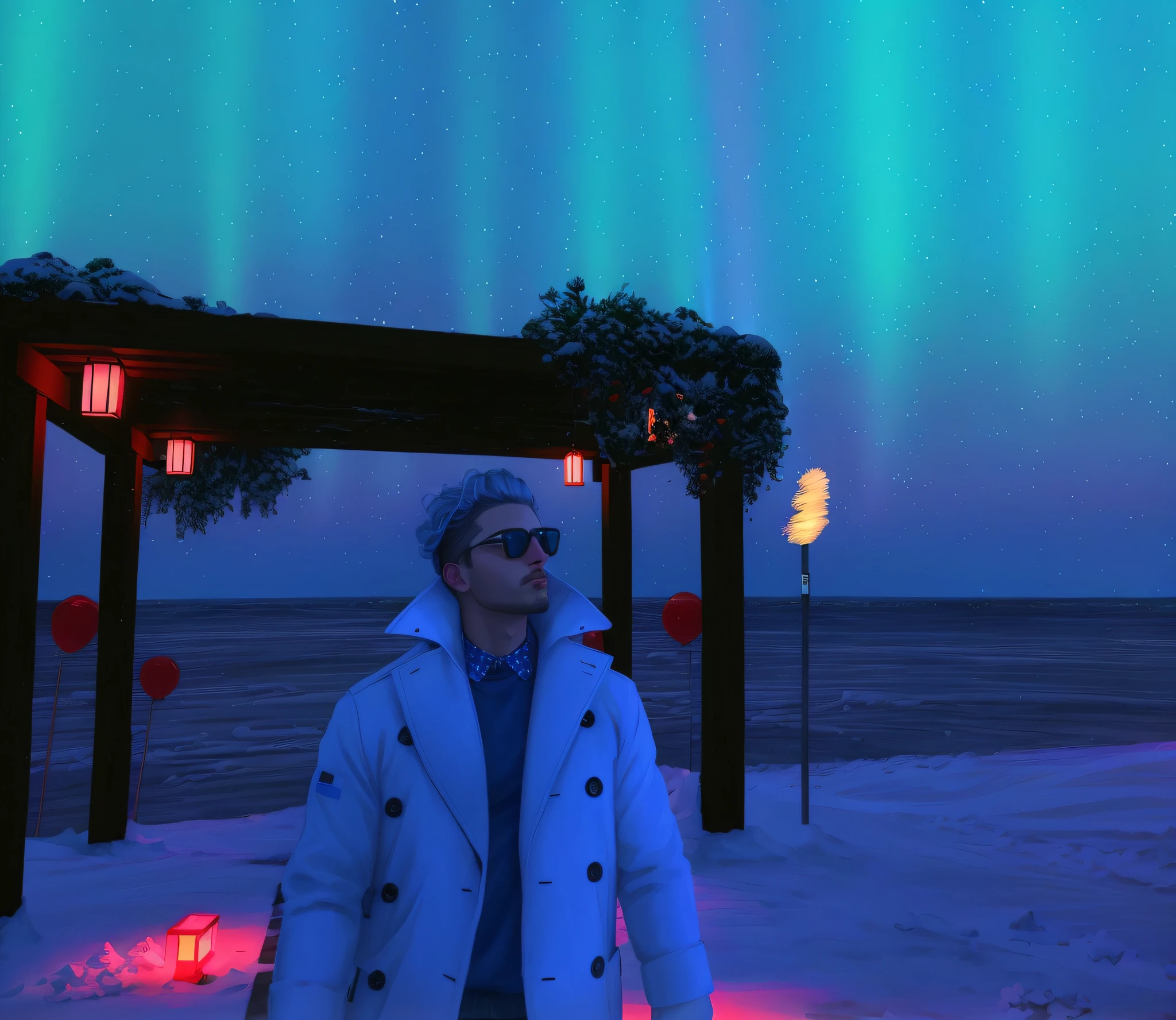 There is a man standing in the snow with a light on, vaporwave lighting, vaporwave lights, vaporwave lighting style, Second Life avatar, with aurora borealis in the sky, surreal scene, vaporwave sunset, vaporwave ocean, retro-wave vibrations, surreal vaporwave ocean, fashion gameplay screenshot, vaporwave style, blue aurora, atmospheric cold lighting, realistic drawing