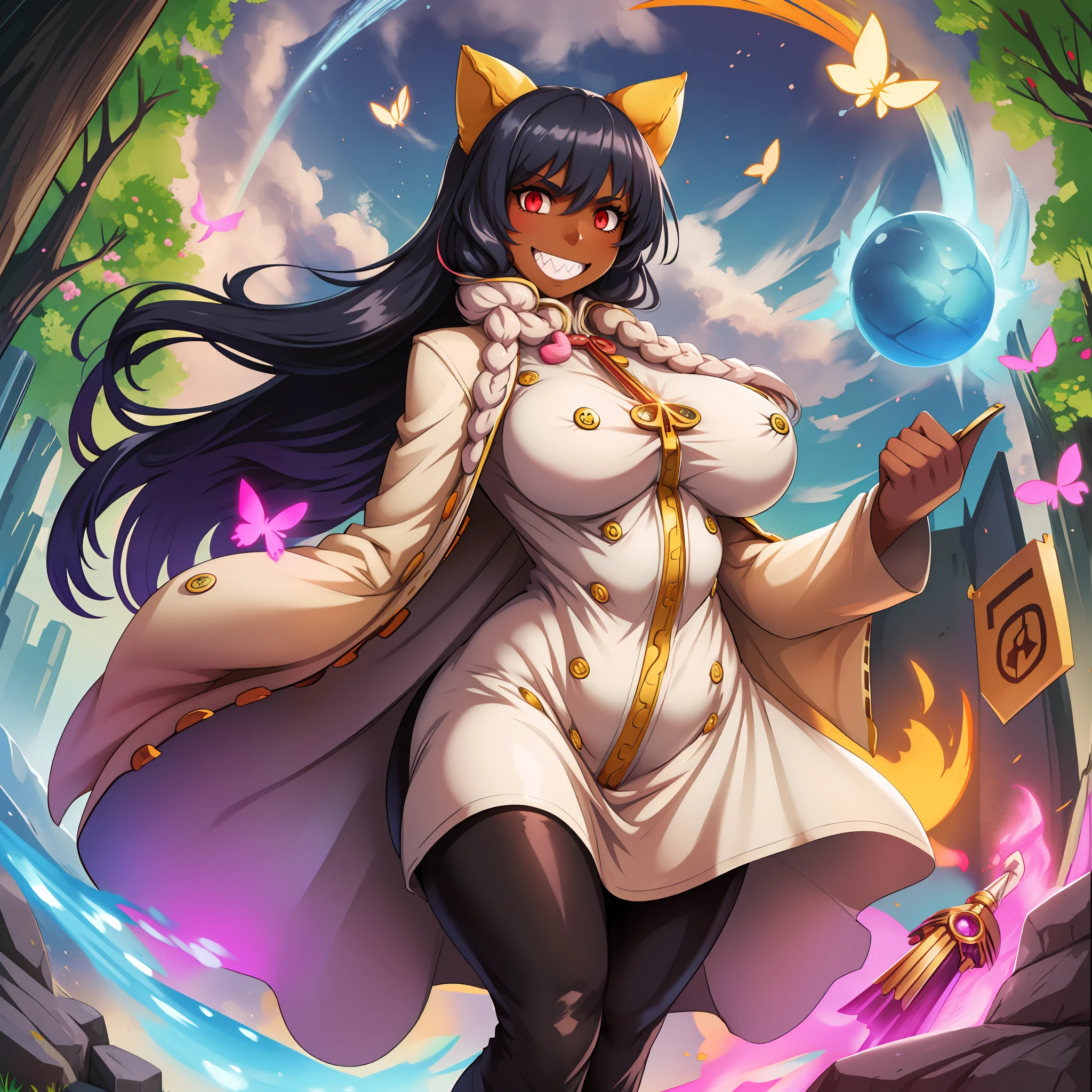 huge chest, curved, female, fantasyHere is a cartoon picture of a woman with a very large chest, , vest, pants, black hair, sacred aura, inspired by Luma Red, the non-binary deity of spring, ethereal rainbow nimbus, the butterfly goddess of fire, inspired by Marie Angel, will have shining around her, like the sun goddess, "uwu the prismatic person, big breast, happy, beautiful eyes, , full body, walking, long dress, long dre, nun, priestess, saint, body of venus, bent, huge chest, forest, walking, smile, sharp teeth, black coats, coat,dark skinned, twinbraidsbrow hair,very brow hair,red eyes, cat ears,two arms, black body suit, pantyhose,vest, pants