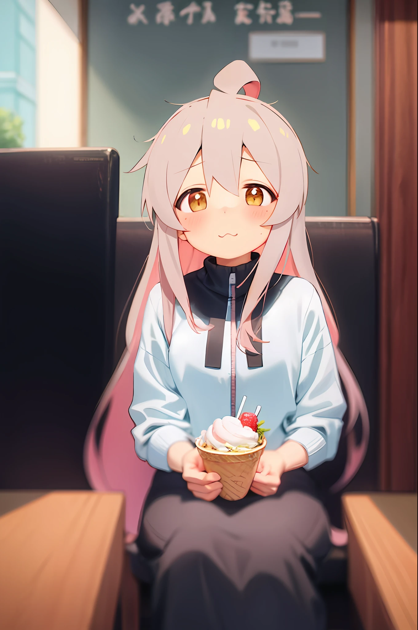 oyamamahiro, masterpiece, best quality, 1 gilr, , front view, sitting in a restaurant, facing the front, blushing, eating ice cream, tender eyes, quote,