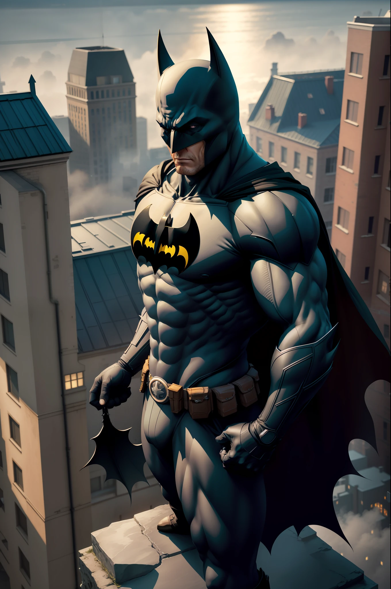 From above, Batman looking at the muscular Poo finger in high-tech armor standing on the gargoyle statue, looking away, torn cape, night, warehouse building, particles, fog