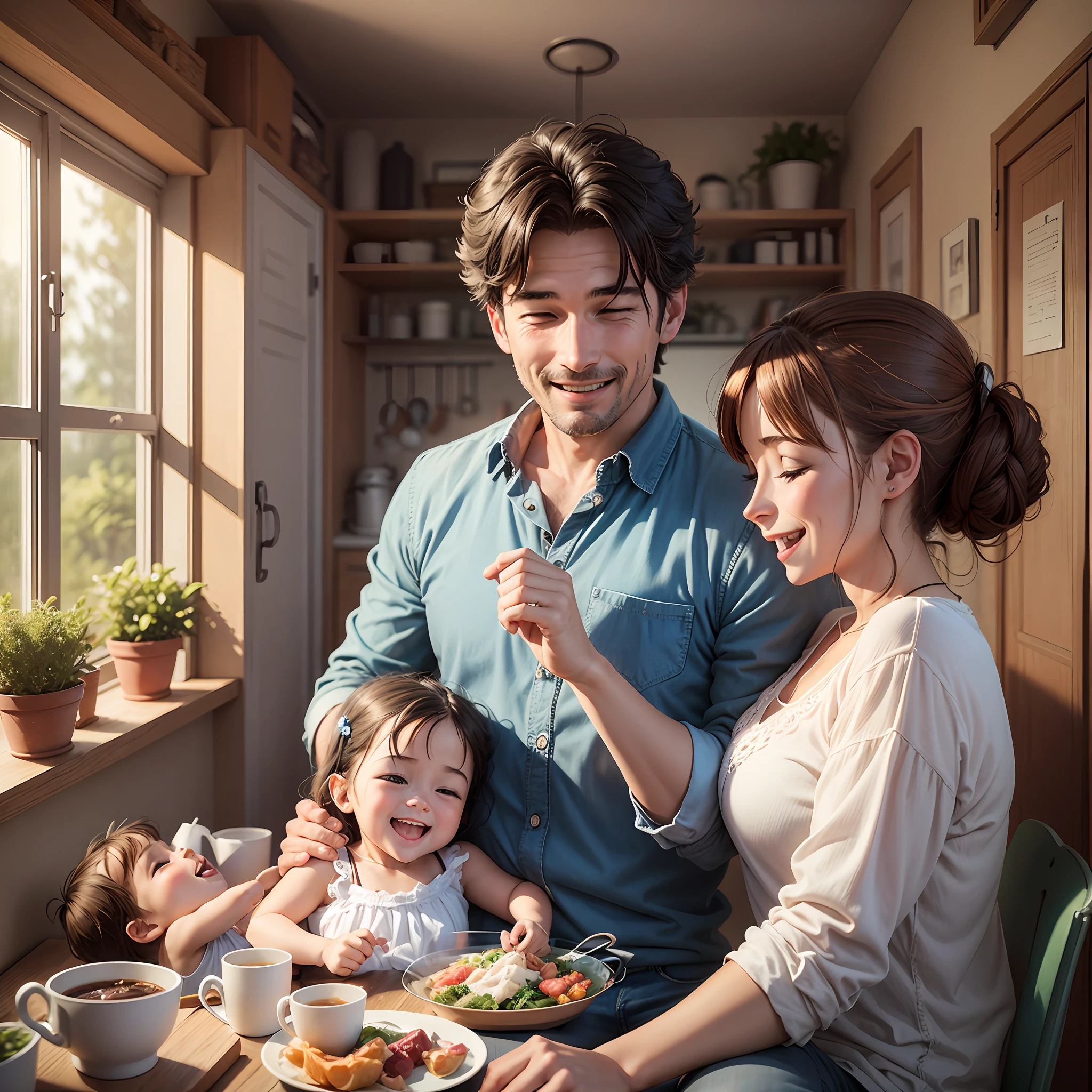 Generate a realistic photo of a happy family, with a father, a mother and two children --auto --s2