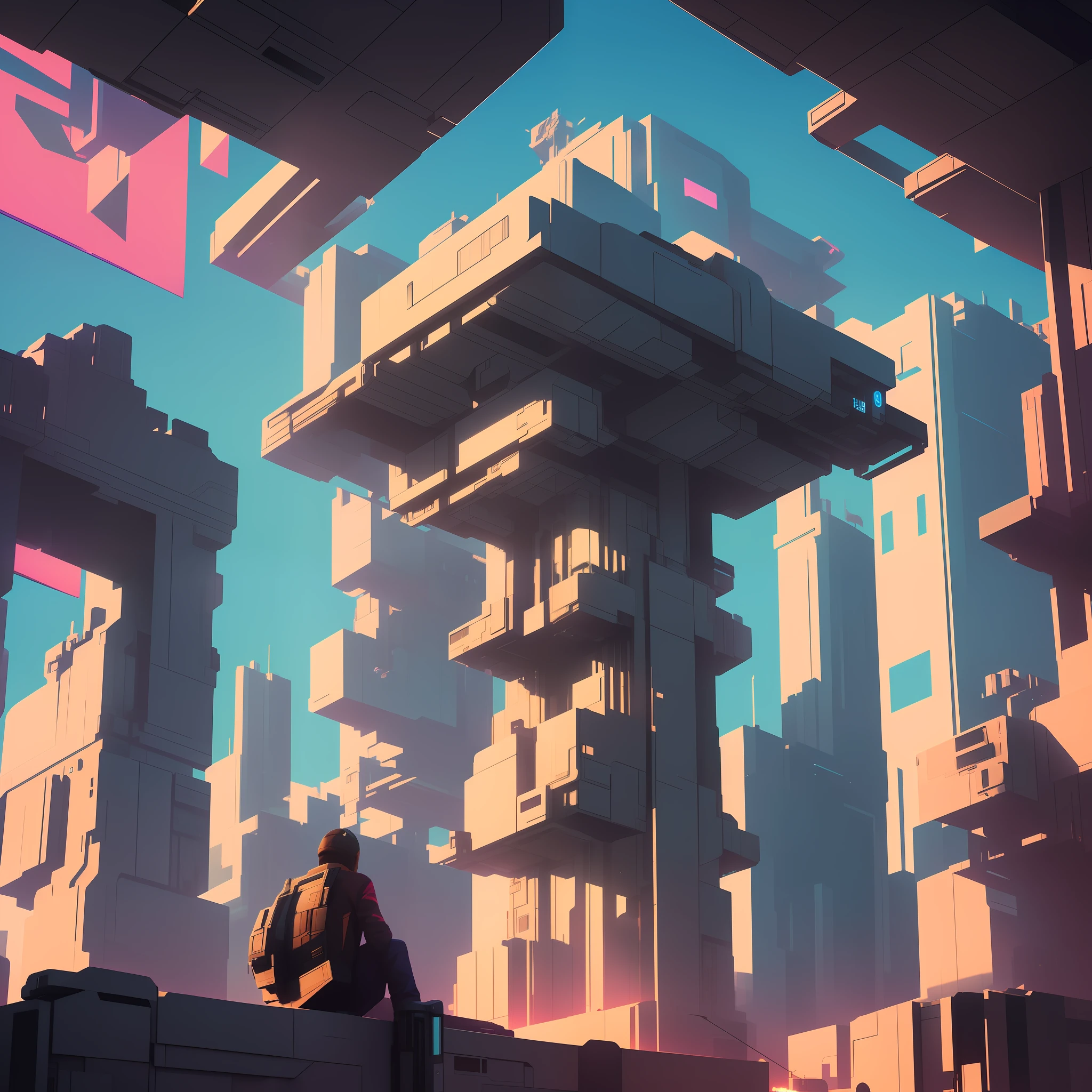 futuristic city with a man sitting on a ledge looking at a building, arstation and beeple highly, 3 d render beeple, in style of beeple, artgem and beeple masterpiece, beeple style, beeple |, beeple masterpiece, inspired by Beeple, beeple daily art, beeple artwork