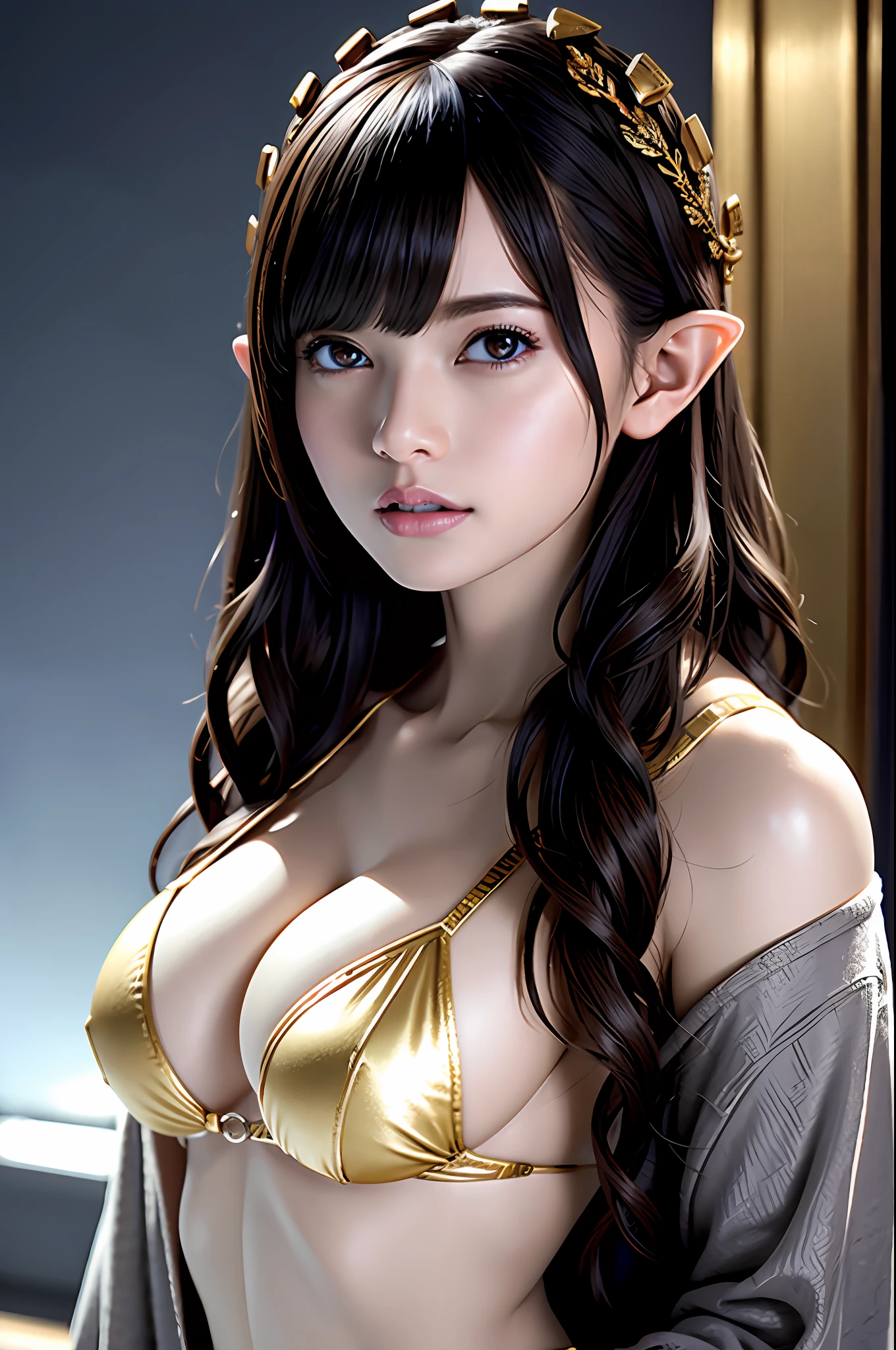 Ultra-detailed complex 3D rendering of the face, (Colossal: 7.8), (masterpiece, top quality, octane rendering, 8K), glamour shot full body image, very beautiful young elf, cleavage, (very detailed skin: 1.2), (exposure: 1.1), brown hair, (skewed silvery micro bikini, : 1.5)), one beautiful Caucasian woman, with full soft breasts and dark skin with big buttocks, Long braided hair, big breasts, dynamic angles, mystical expressions, ultra-realistic photos, ((((portrait))), bare feet, futuristic urban background, facial muscles, detailed and beautiful queen gold crown, in the style of Marvel Comics, ArtStation trends, clear focus, studio photography, intricate details, very detailed, detailed red eyes, very detailed, Sharp Focus, Digital Rendering, Professional, Abs, Dark Grey Background,