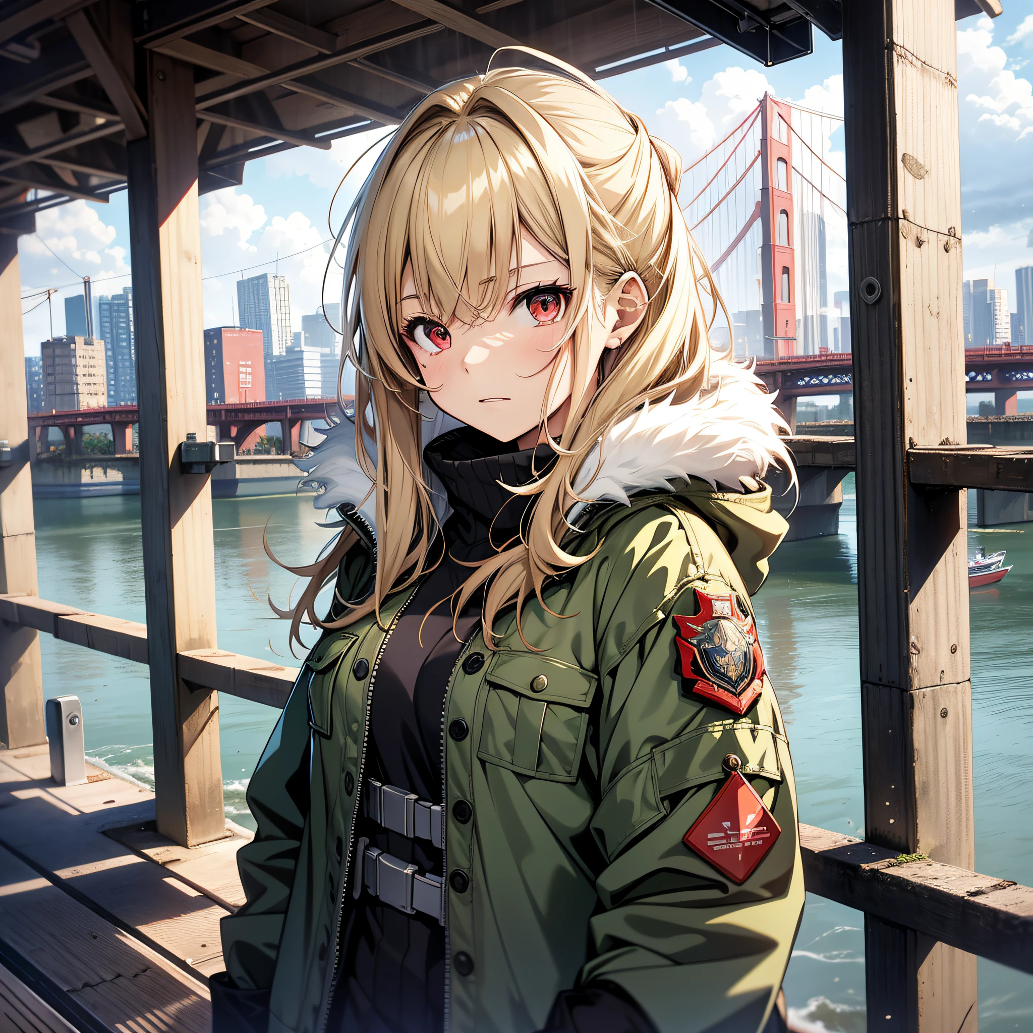 anime, anime style, young girl, 17 years old, red eyes camouflaged military jacket, in a city, near a bridge, seaside, light blonde hair, cloudy and slightly rainy weather, detailed face, shy expression, masterpiece, best quality, 4k