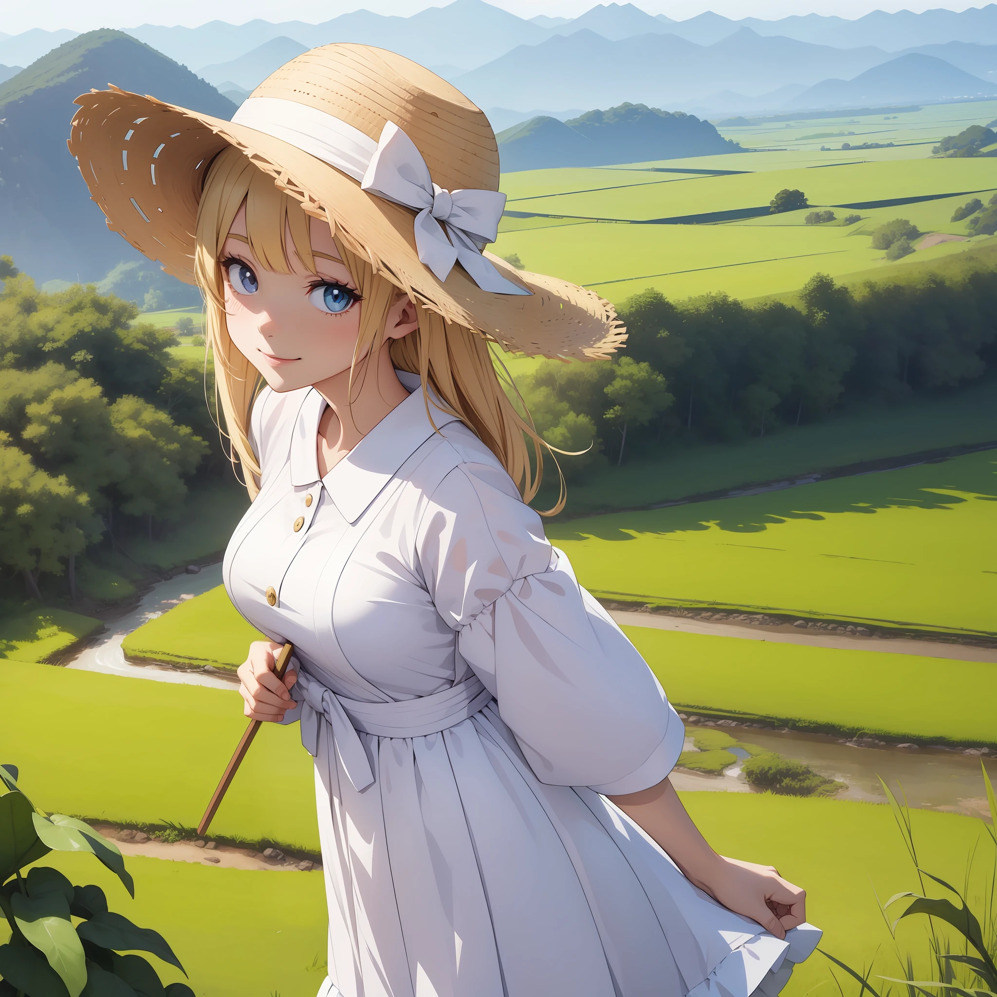 Rabbit Eared Girl Japan Landscape Countryside Smile White One Piece Straw Hat