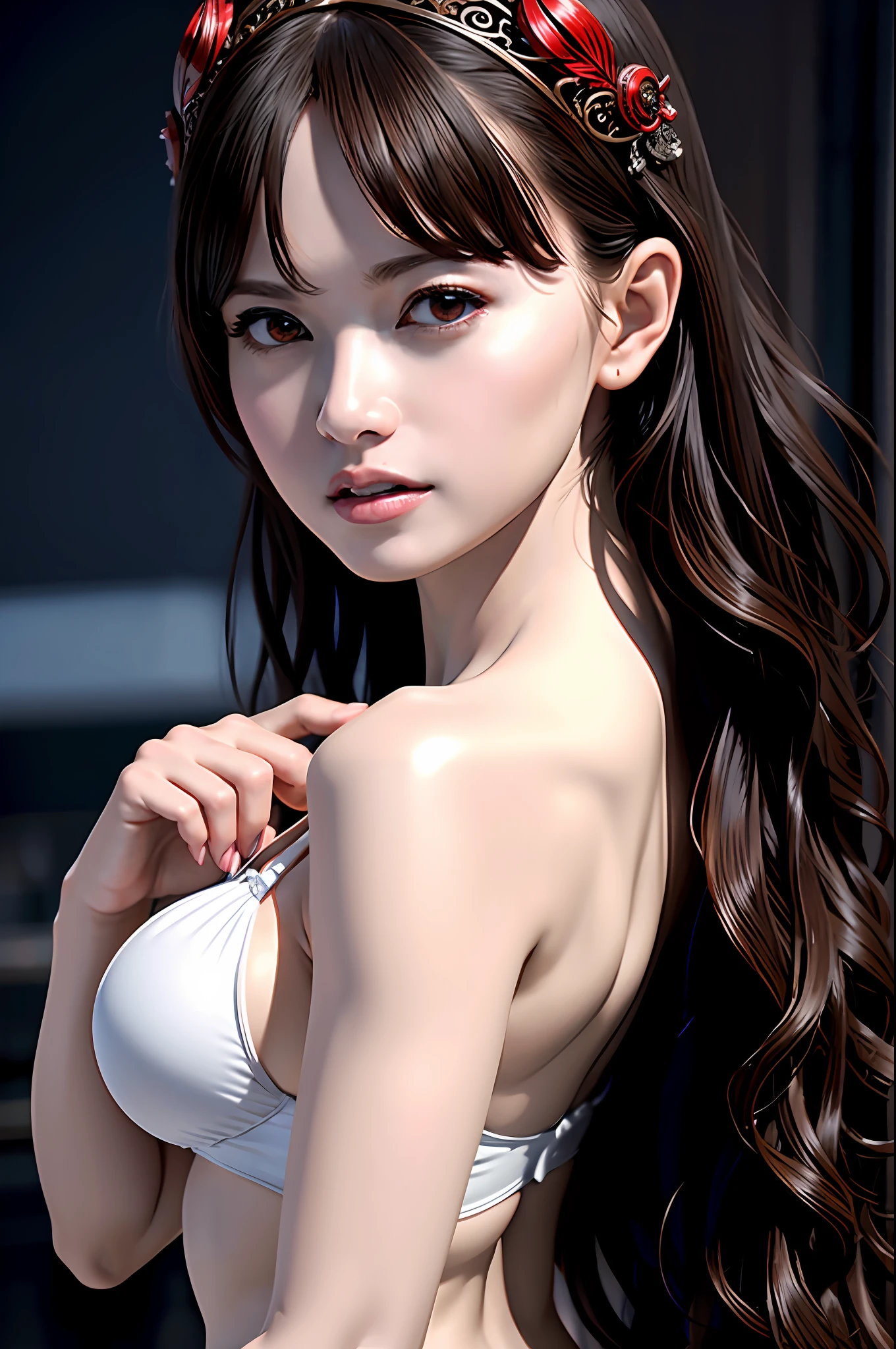 Ultra-detailed complex 3D rendering of the face, (Colossal: 8.8), (masterpiece, top quality, octane rendering, 8K), glamour shot full body image, very beautiful young elf, cleavage, (very detailed skin: 1.2), (exposure: 1.1), brown-haired, (skewed white micro bikini, : 1.5)), one beautiful Caucasian woman, with white skin with full soft breasts, big ass, Long braided hair, big breasts, dynamic angles, mystical expressions, ultra-realistic photos, (((((portrait))), bare feet, futuristic urban background, facial muscles, detailed and beautiful queen crown, in the style of Marvel Comics, ArtStation trends, clear focus, studio photography, intricate details, very detailed, detailed red eyes, highly detailed, Sharp Focus, Digital Rendering, Professional, Abs, Dark Grey Background,