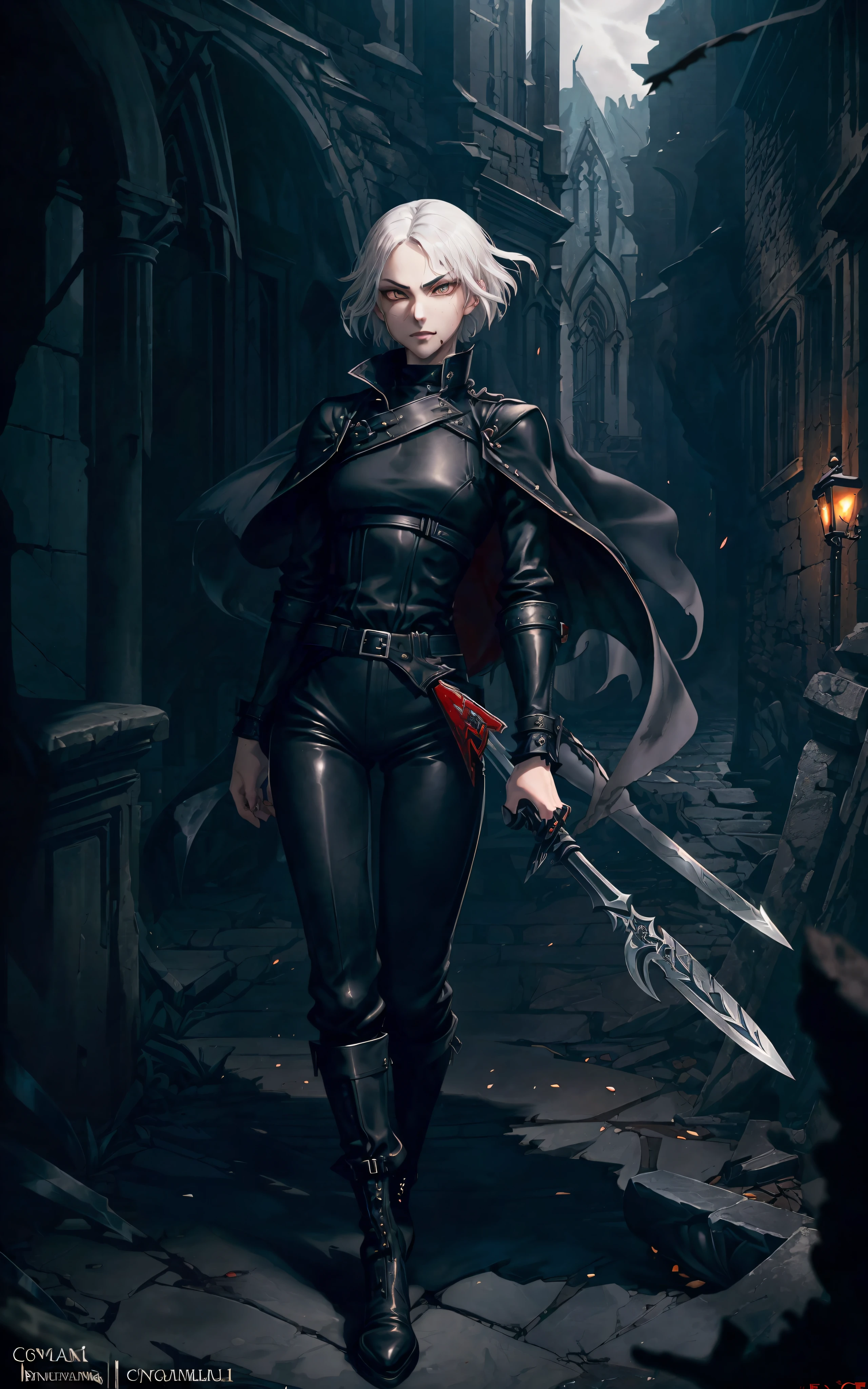 (/(castlevania/) style:1.3), (1person, futanari, androgynous:1.5),(thin, skinny, cute face:1.3),(pale skin, light grey skin color:1.3),(short hair, white hair:1.4),(grey eyes:1.3),((black outfit, black clothes, leather outfit), rouge outfit, pants, boots:1.5),(holding knives), smiling, night sky on background /( victorian city/), masterpiece, best quality, ultra-detailed, tessellation, depth of field, ultra realistic, poster, style of artstation, illustration, cinematic, atmospheric shot, seductive body proportions, high saturation image, high sharp character, many small details, detailed iris of eyes,(ruins background, detailed background, nighttime:1.2),(blood splashes, knives:1)