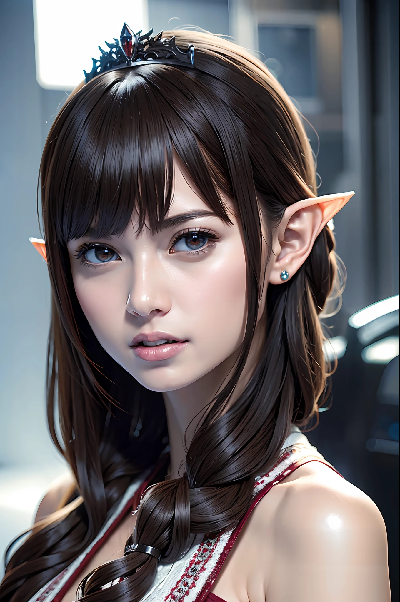Ultra-detailed complex 3D rendering of the face, (Colossal: 8.8), (masterpiece, top quality, octane rendering, 8K), glamour shot full body image, very beautiful young elf, cleavage, (very detailed skin: 1.2), (exposure: 1.1), brown hair, (wearing a plummeted open shirt of white silk: 1.5)), beautiful Caucasian woman with white skin with full soft breasts with big buttocks, 1 person, long braided hair, big breasts, dynamic angle, mystical expression, ultra-realistic photos, (((((portrait))), bare feet, futuristic urban background, facial muscles, detailed and beautiful queen crown, in the style of Marvel Comics, ArtStation trends, clear focus, studio photography, intricate details, very detailed, detailed red eyes, very detailed, Sharp Focus, Digital Rendering, Professional, Abs, Dark Grey Background,