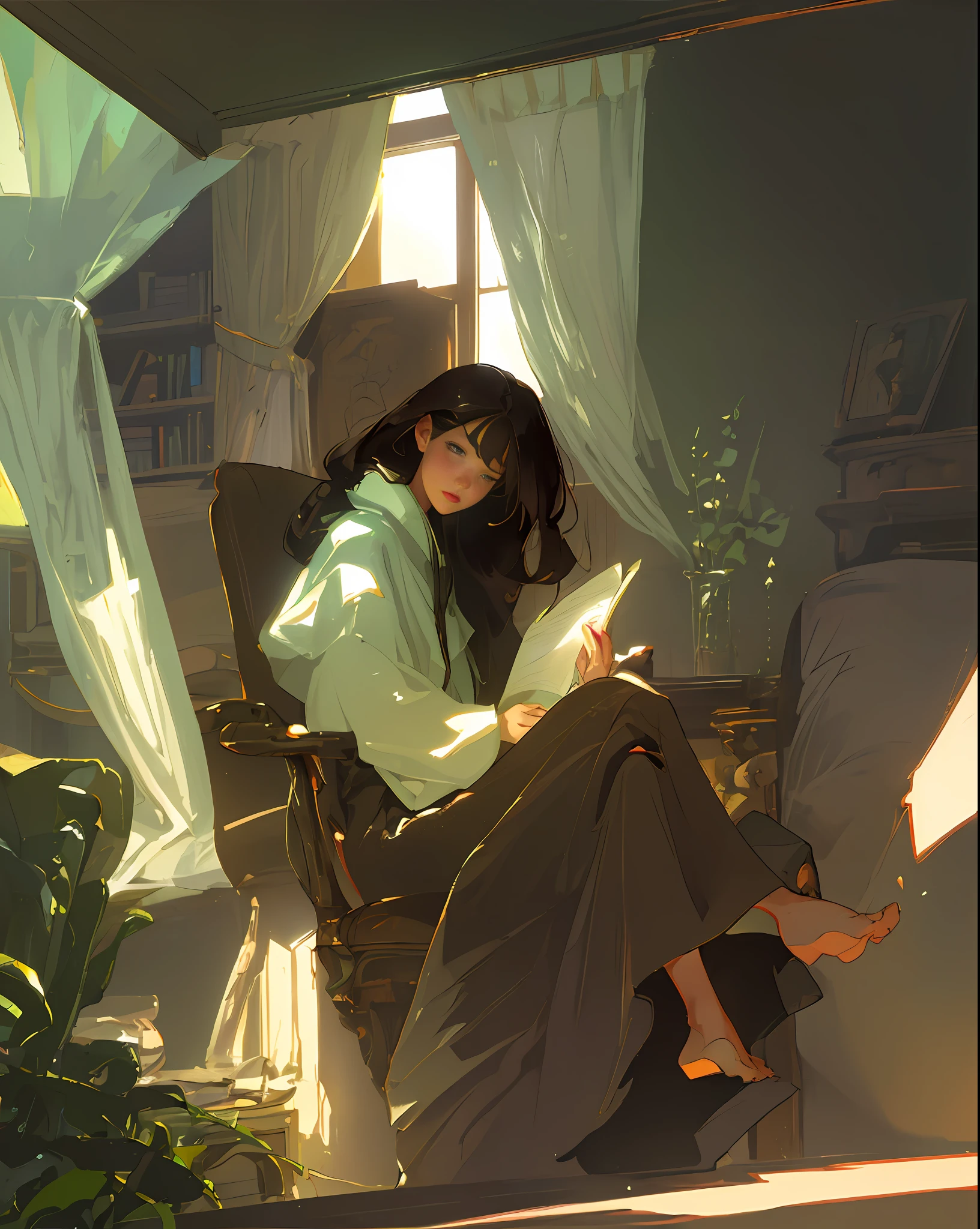 living room, sofa, window, curtains, dappled sunlight, potted plant, table, cupboard, bookshelf, paper, table lamp, typewriter, ,1 girl, long hair, brown hair, perfect body, dynamic angle, reading a book