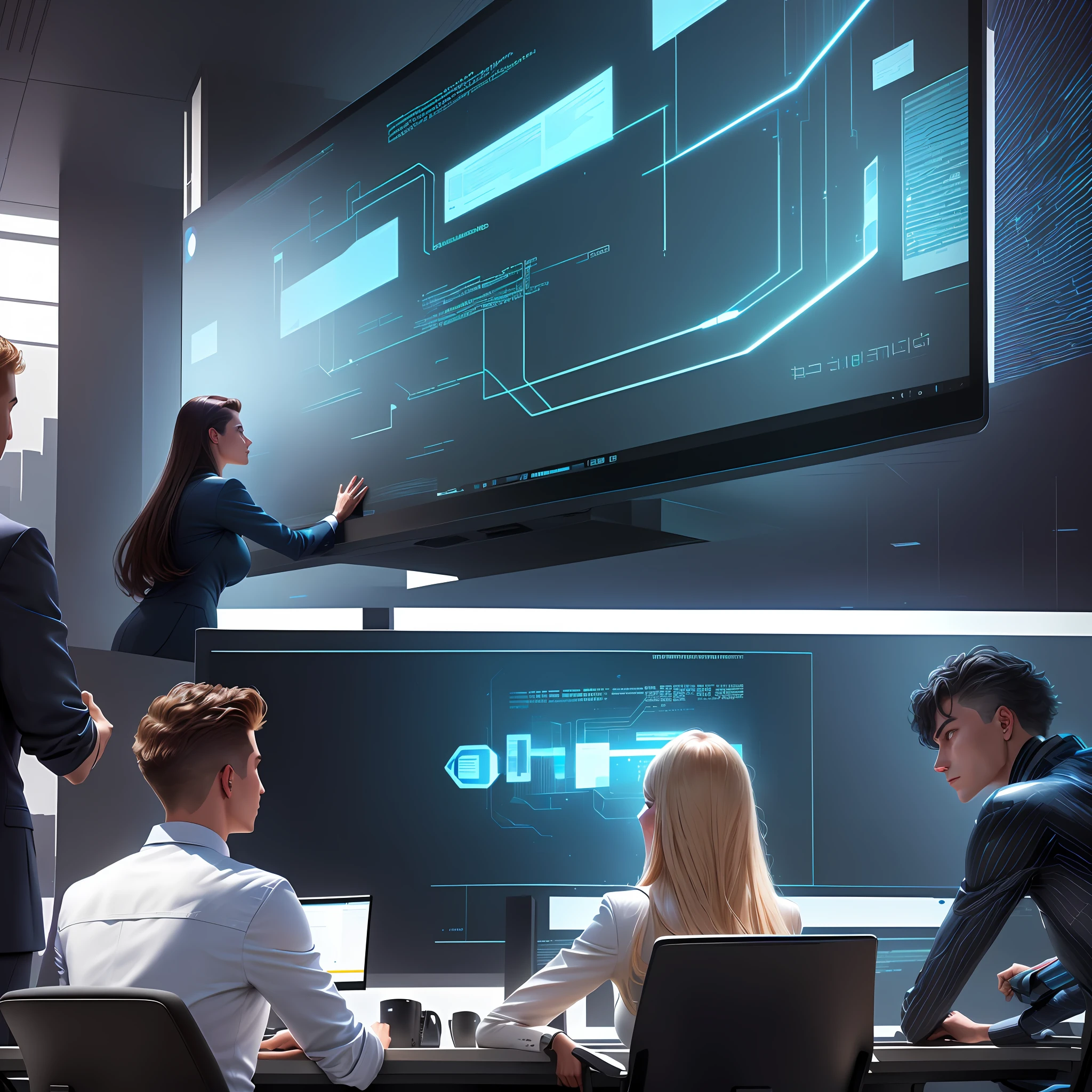 there are two men and a woman in a business meeting, cyber architecture, digital screens on the walls, technological screens, huge computer screens, looking at monitor, large computer monitor, monitor, monitors, stock photo, large screens, interesting background, digital walls, advanced technology, shutterstock, computers and holograms, take control of your data, it specialist