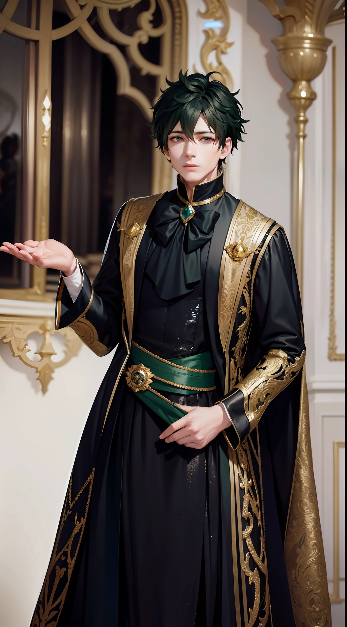 Midoriya Izuku, he is dressed in black prince clothes with gold details, his cape is black and glued to the collar of his costume, his expression is perverse, it is noted that he is in a medieval palace with neutral colors like: black, gray and white. In this palace there are large bright panes of glass, luminous landscape. His eyes are green, his hair very dark green, his waist is thin although he is a grown man, high resolution, masterpiece, focus on the landscape.
