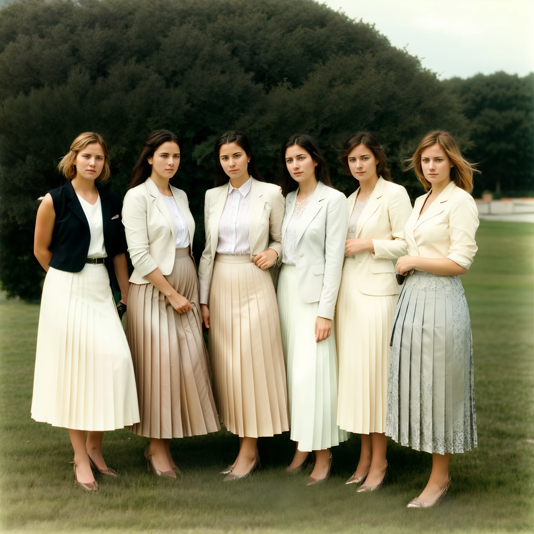 a group of lesbian therapists sitting outside and playing with their skirts, authentic (kind and tender) good women wearing short blazers with very very detailed (long (fully pleated) full circle skirts) and (simple) low heeled office shoes, very very intricate hyper-detailed symmetric (attractive graceful young feminine faces) with (sad, tired eyes and shy smiles), full of empathy and compassion and love, (pronounced (feminine) features), (highly detailed ultra accurate realistic) hands and fingers, ((windy conditions and wind blowing)), epic composition, highly detailed attributes, highly detailed atmosphere, (35mm f1.4 Kodak portra 400 photograph), extremely high quality RAW photograph, detailed background, intricate, Exquisite details and textures,