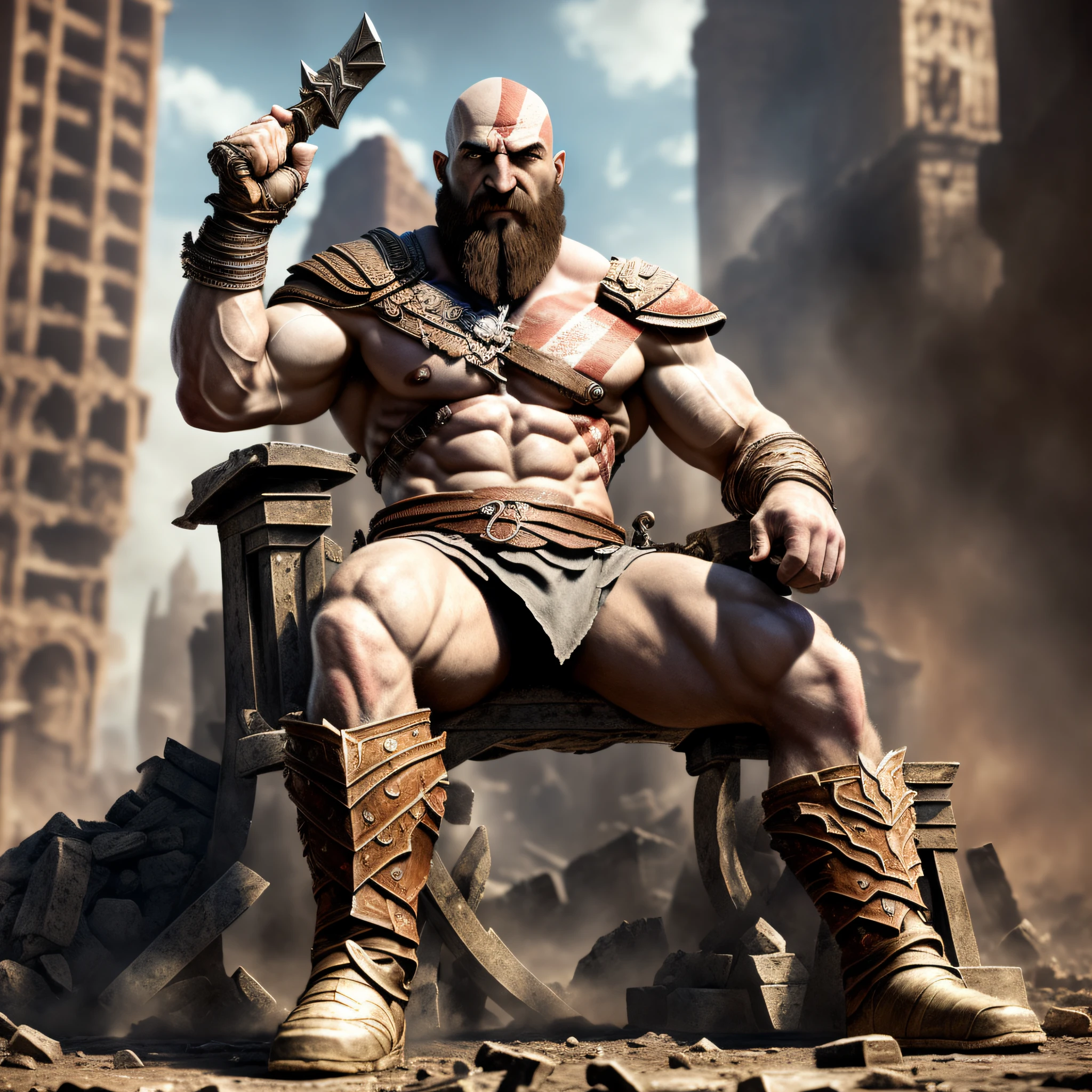 Kratos God of War (((super strong)), no beard, sitting on the throne masterpiece, best quality, ultra-detailed, ground, destroyed city background, shadows, contrast, clear sky, style (look at viewer: 1.2) (skin texture) (film grain: 1.3), ultra-high resolution, octane render, 16k --auto --s2
