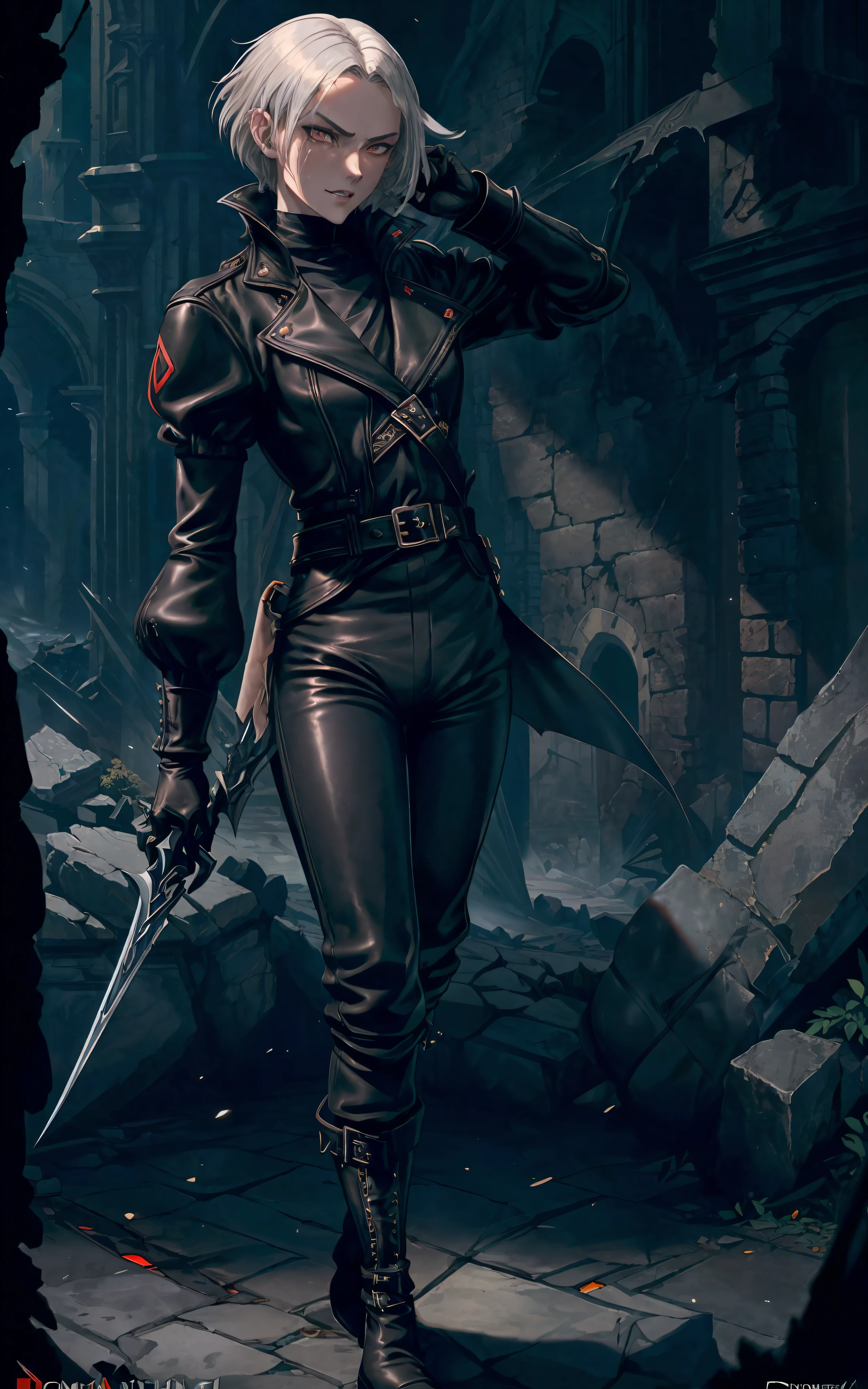 (/(castlevania/) style:1.3), (1person, futanari, androgynous:1.5),(thin, skinny, cute face:1.3),(pale skin, light grey skin color:1.3),(short hair, white hair:1.4),(grey eyes:1.3),((black outfit, black clothes, leather outfit), rouge outfit, pants, boots:1.5),(holding knives), smiling, night sky on background /( victorian city/), masterpiece, best quality, ultra-detailed, tessellation, depth of field, ultra realistic, poster, style of artstation, illustration, cinematic, atmospheric shot, seductive body proportions, high saturation image, high sharp character, many small details, detailed iris of eyes,(ruins background, detailed background, nighttime:1.2),(blood splashes, knives:1)