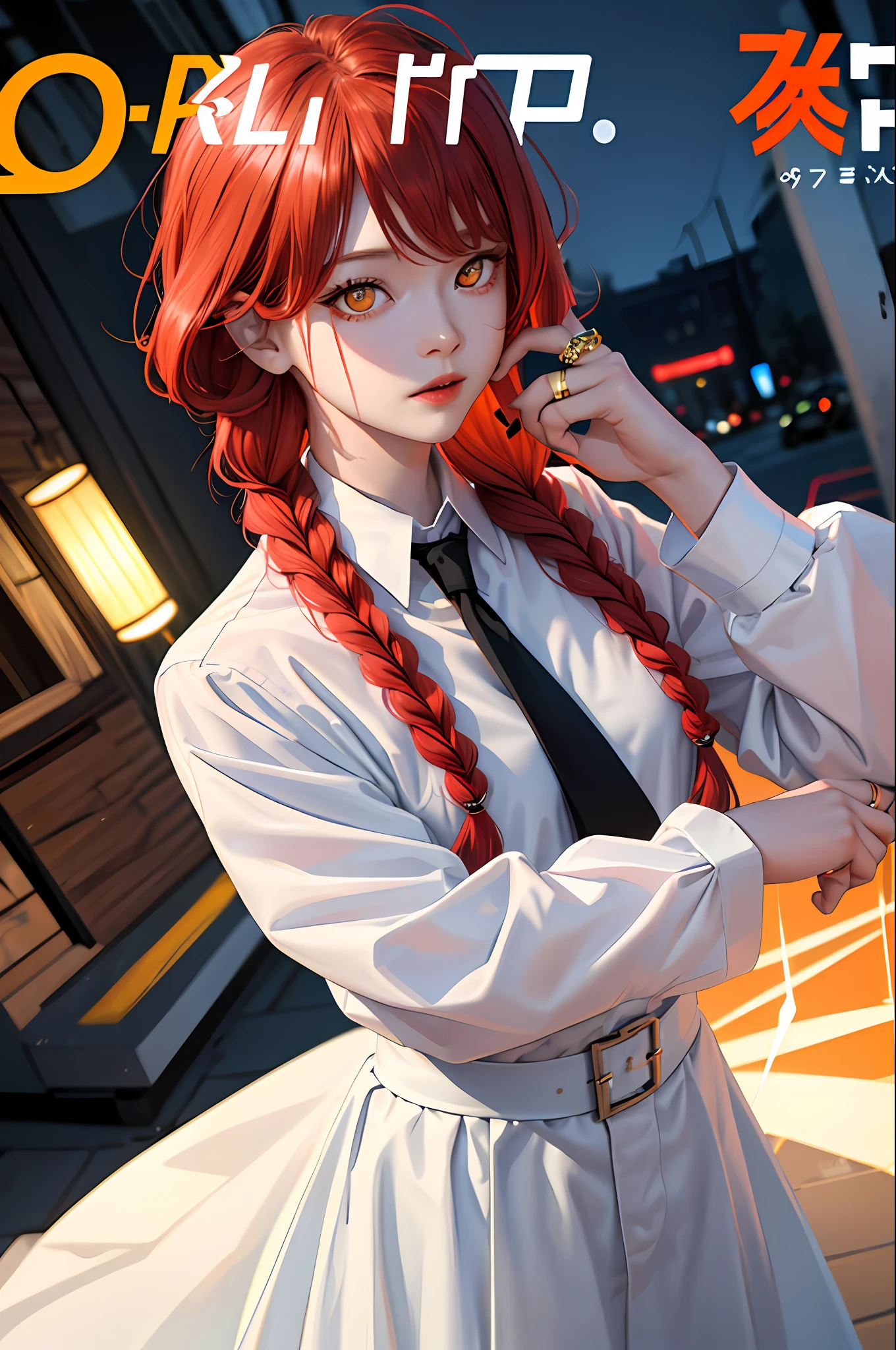 Masterpiece, (Photorealistic: 1.4), Top Quality, Beautiful Lighting, (ulzzang-6500:0.5), Makima \(Chainsaw Man\), (Red Hair) + (Long Braided Hair) + (Bangs), Yellow Eyes, Golden Eyes, (((Ring-shaped Eyes)), (White Shirt), (Black Tie), RAW Photography, 8k UHD, Film Grain, Gradient Lighting, Masterpiece, Top Quality, spring costume, colorful hair, outdoor, magazine cover,