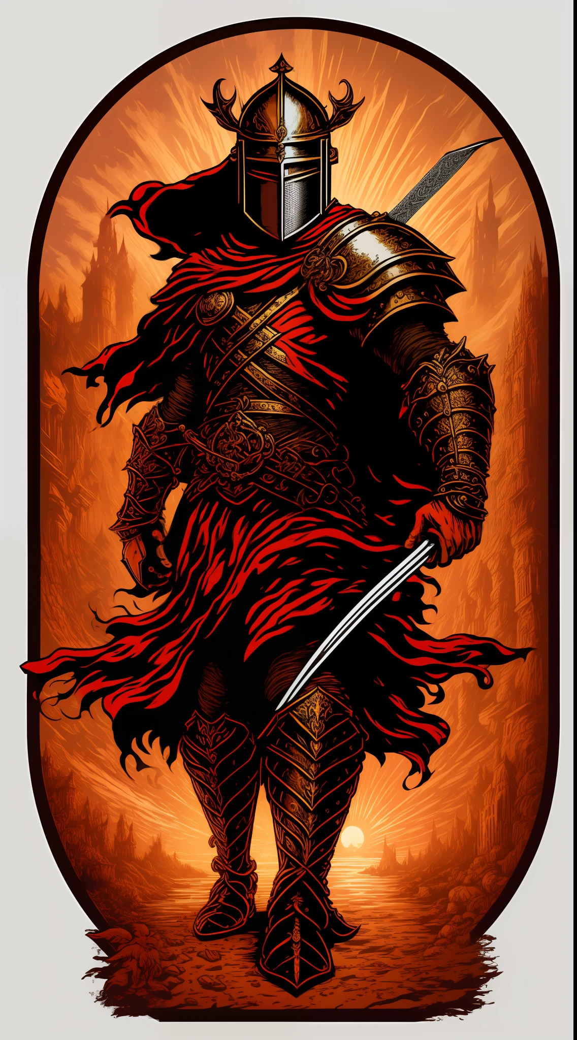 [Masterpiece], A Knight of the Medieval Fantasy World, inspired by T-shirt Design, with 32k quality, with Illustration style, masterpiece made with Vibrant Colors, captured by DSLR Camera, in a total and centralized frame, maximum quality, maximum detail, and a wide view of the masterpiece, on a smooth white background.