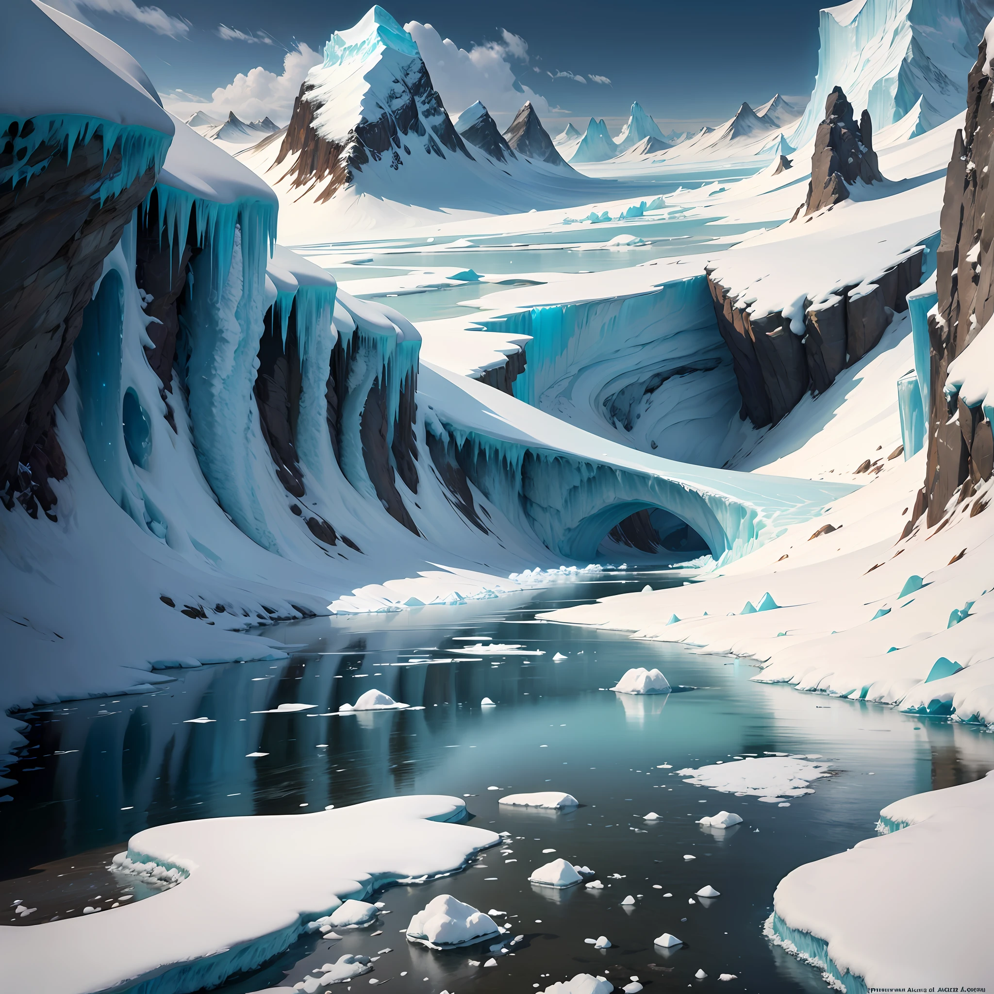 snowy mountains and a river with ice on the sides, marc adamus, icy glaciers, wayne barlowe pierre pellegrini, surreal frozen landscape, icy, highly realistic concept art, 8 k matte painting, 8k matte painting, glacier landscape, 3 d render and matte painting, glacier, beautiful 3 d concept art, glaciers, stefan koidl inspired, ice seracs
