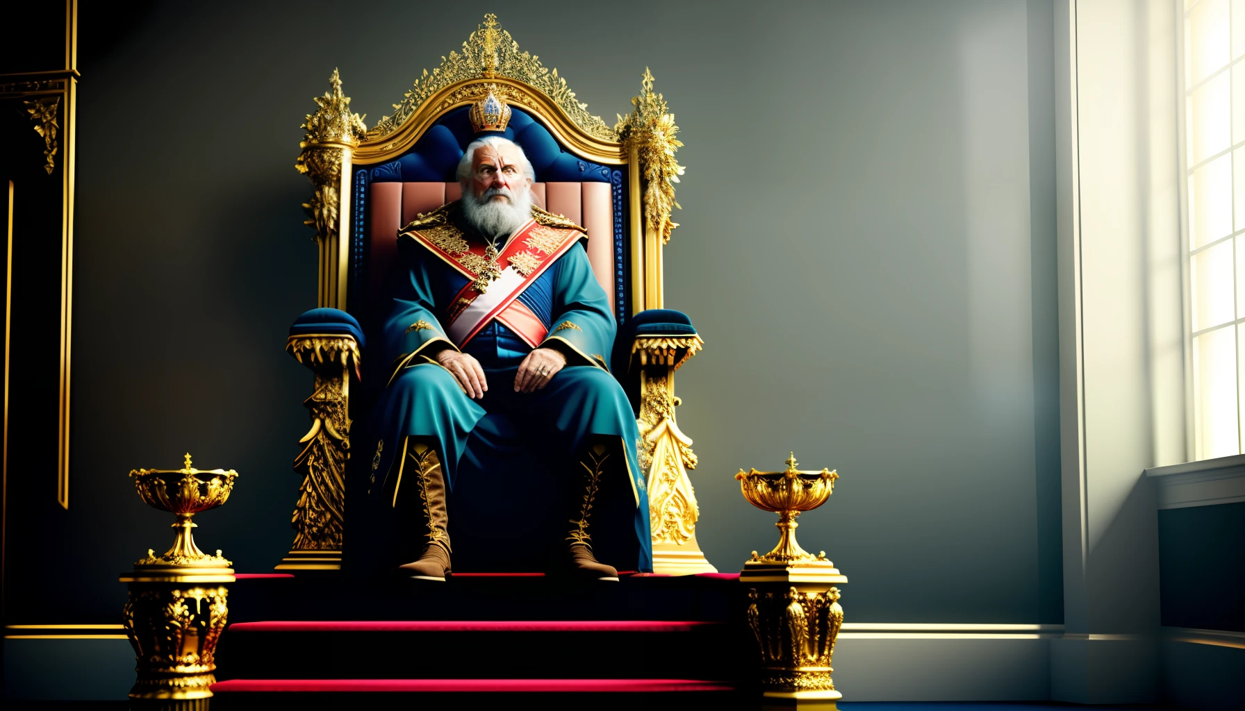 Ultra realistic image of an old king sitting on his throne