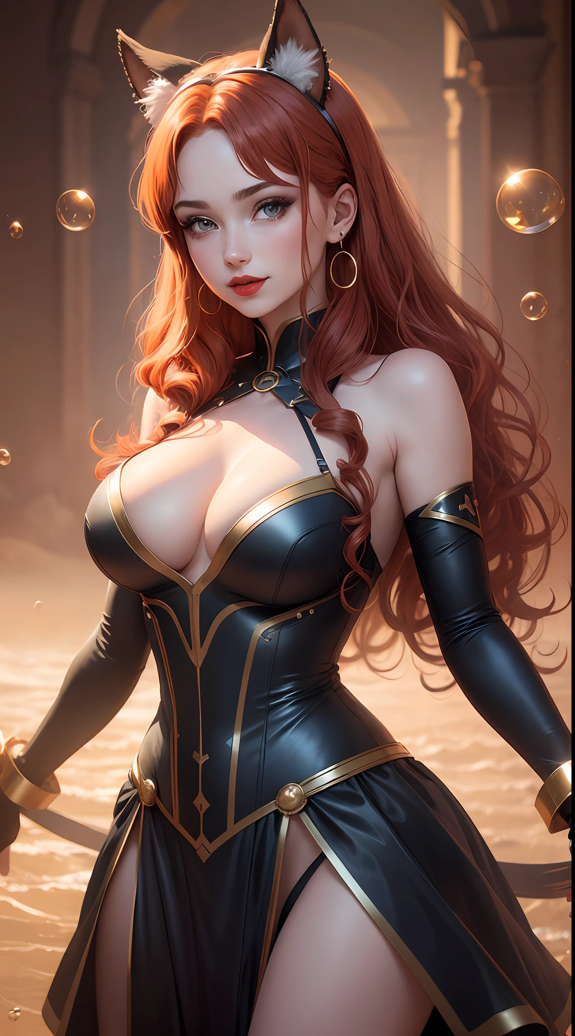 Beautiful girl with wavy red hair with shine, hair bubbles, shudder, long eyelashes, blue solid circle eyes, shadow makeup, red lips, fake animal ears, earrings and cord, light smile, large breasts, neckline, ear blush, fangs, with silver brown gold, Surrealism, projected shadow, anaglyph, stereogram, tachi-e, pov, atmospheric perspective, 8k, super detail, accurate, better quality, defoliated background