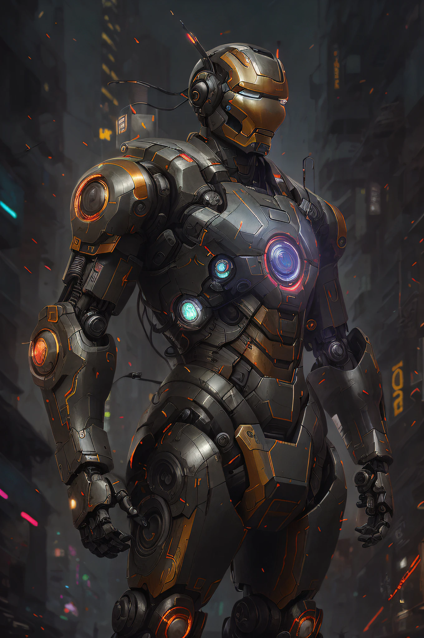 there is a robot that is standing in the street, deep cyberpunk mechanoid, cyberpunk iron man, painterly humanoid mecha, cyberpunk mechanoid, wojtek fus, advanced digital cyberpunk art, beautiful robot character design, 4k highly detailed digital art, wlop. scifi, bionic scifi alexandre ferra, high quality digital concept art, cyberpunk robot
