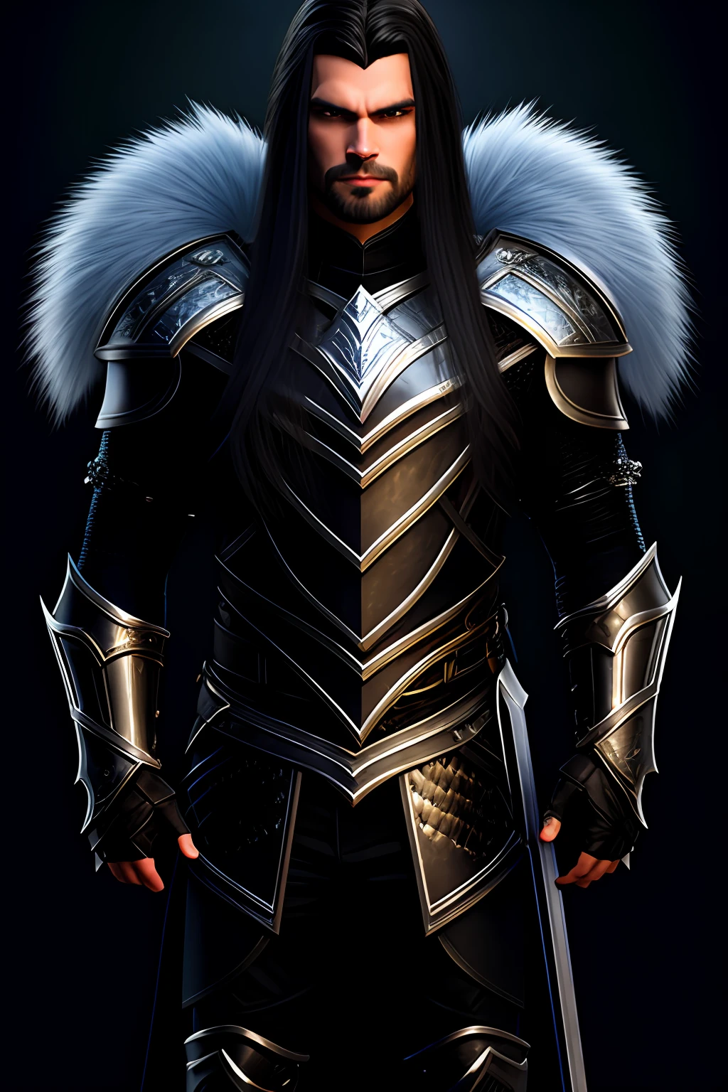 Man with long black hair, with blue eyes and wearing black armor and silver modern style