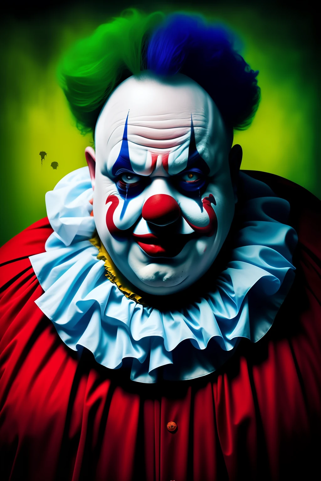 Clown man, scary, very fat looking at viewer, macabre background, various colors, 8k qualities, cinematic focus, horror