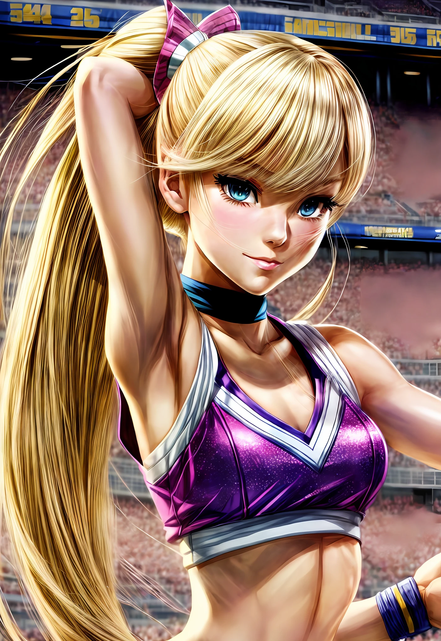 cheerleader girl with blond ponytail, cute feminine features, Gwen Stacy, makeup, delicate details, football field, (art by Naoko Takeuchi and Bruce Timm and Persona 4:1.1), athletic pose, 3ds graphics, cel shaded