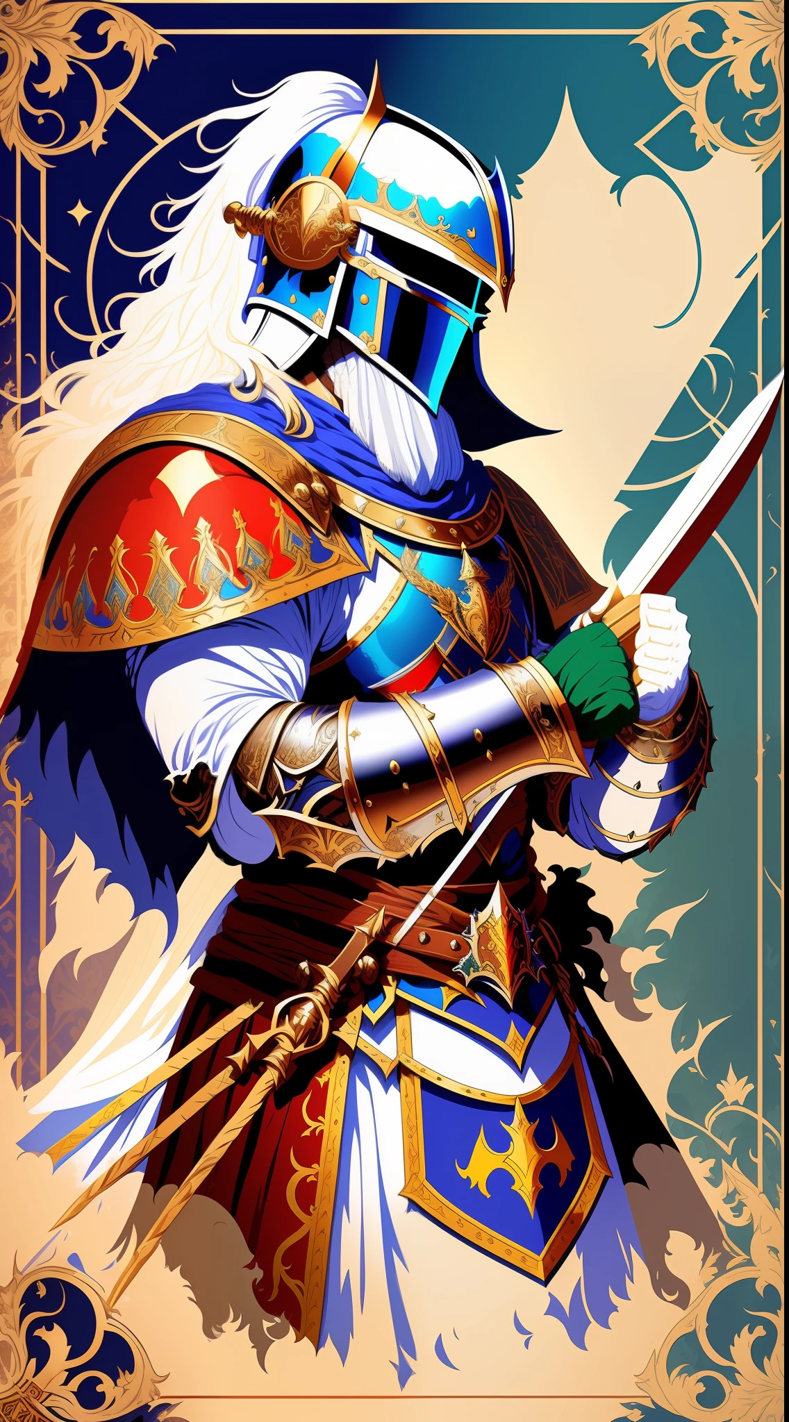 [Masterpiece], A Knight of the Medieval Fantasy World, inspired by T-shirt Design, with 32k quality, with Illustration style, masterpiece made with Vibrant Colors, captured by DSLR Camera, in a total and centralized frame, maximum quality, maximum detail, and a wide view of the masterpiece, on a smooth white background.