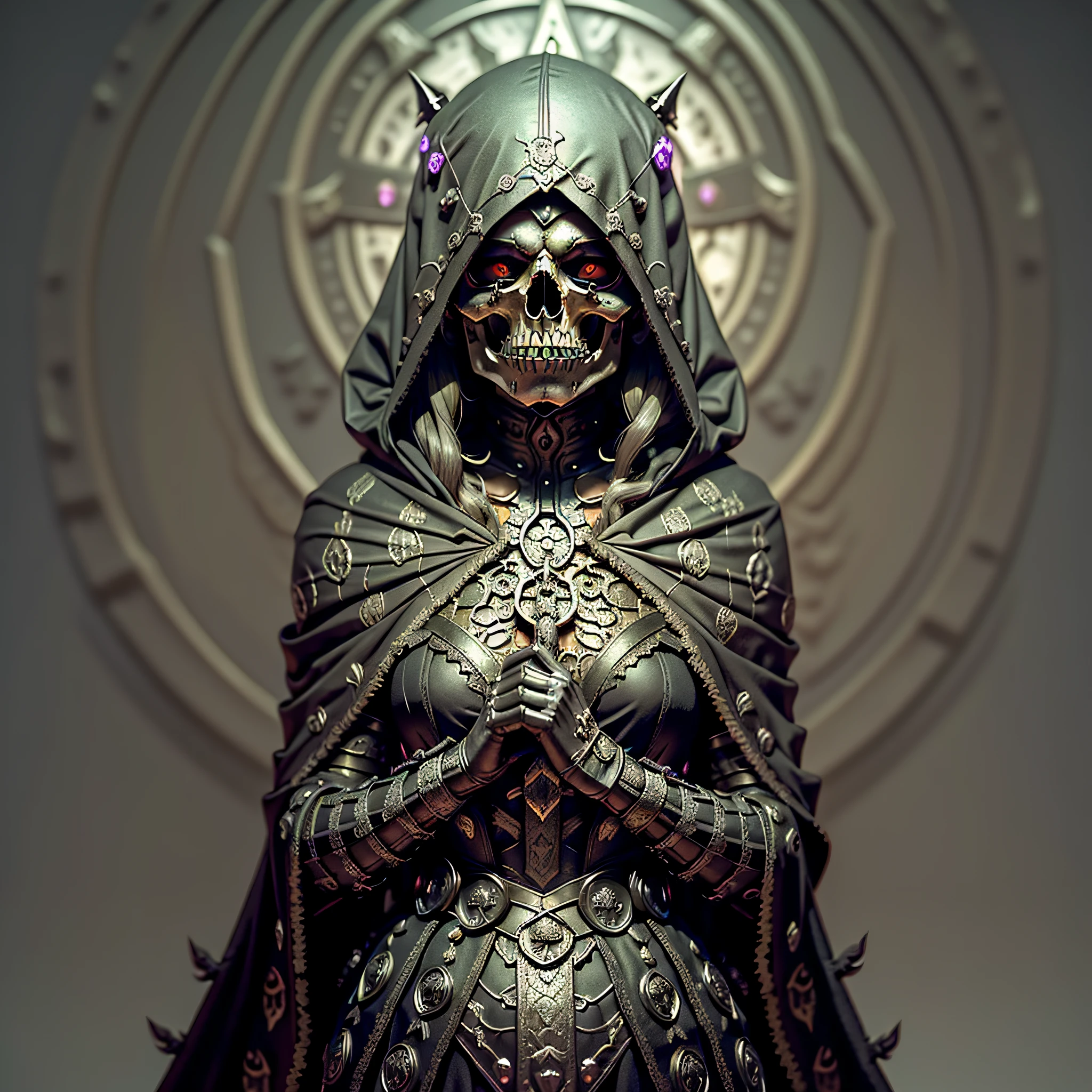 Welcome to a world of realism and fantasy, where magic and death meet in a masterpiece of the game. Inspired by artists like Phil Koch and Joseph Christian Leyendecker, this is a unique immersive experience that will transport you to a dark world where necromancy is at the center of it all. You'll find yourself facing a sinister figure: a necromancer with a death skull face, her predatory eyes shining with dark magic. Dressed in a hood and a black cloak of old fabric, she is death itself, carrying a deadly sickle in her skeletal hands. His body is half human and half skull, with rotten and decaying skin. Occult symbols adorn her cloak as she walks through the world of shadows, invoking the dead and manipulating life and death. With incredible graphics that combine elements of realism and fantasy, this is a masterpiece of the game that will transport you to a world of darkness and mystery. Feel the tension as the necromancer summons her powers, creating armies of the undead to serve her sinister purposes. With an engaging story and memorable characters, you'll be taken into a dark fantasy world where life and death meet in a delicate balance. This is a masterpiece of the game that will challenge your skills and your imagination, providing a gaming experience like no other. Venture into this dark world and discover the secrets of the necromancer of death.