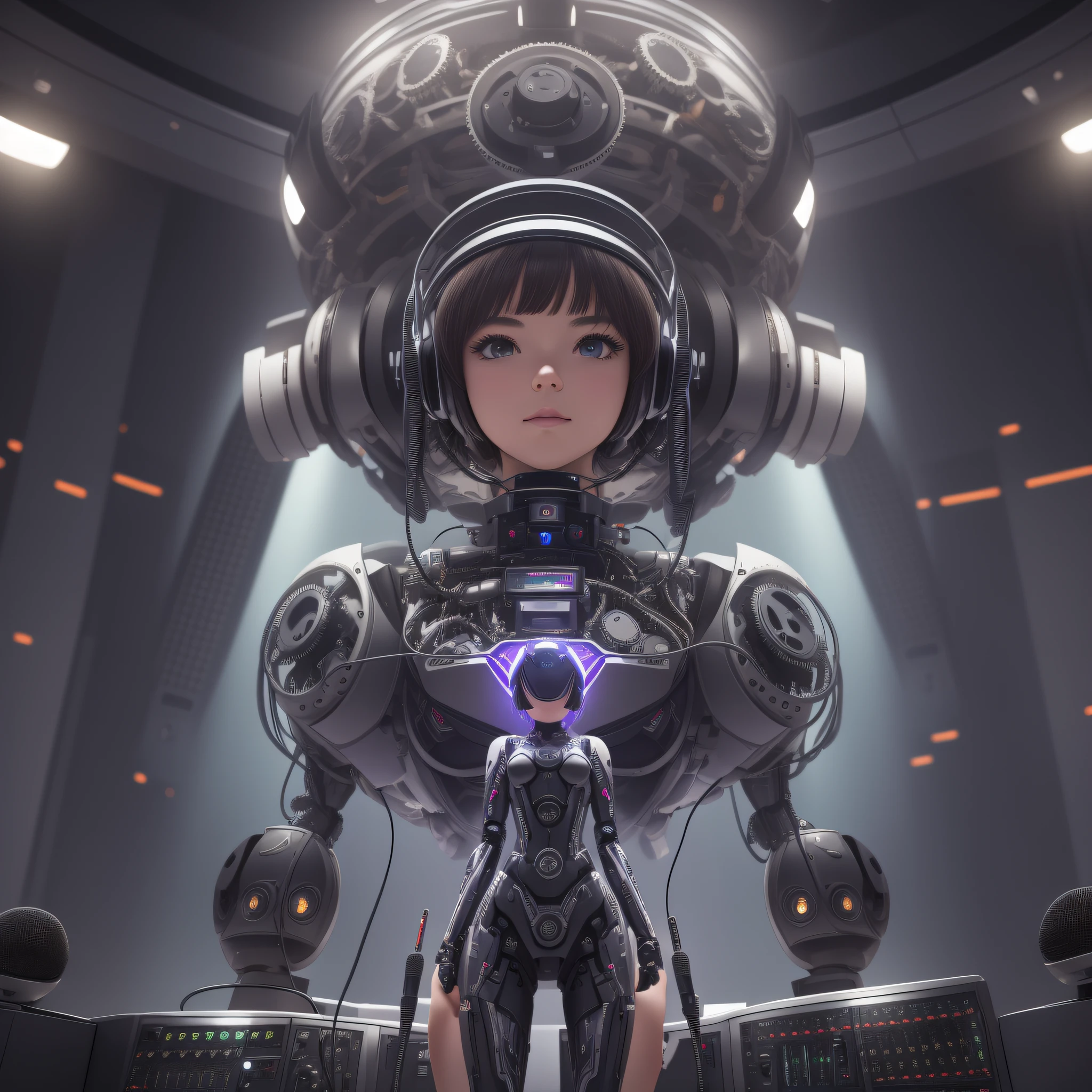 (better lighting, better shadow, ultra detailed 8k image, masterpiece, the finest details), a robot girl sound engineer, standing in front of a futuristic microphone in a high-tech studio, surrounded by gears spinning in the background.