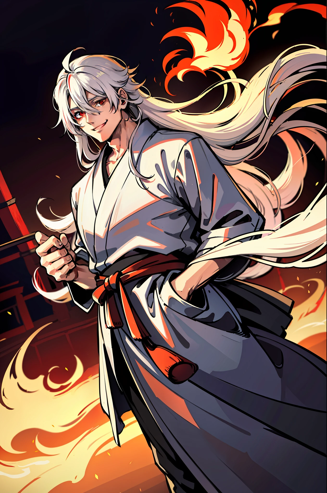 29-year-old man, long white hair down to his back, red eye color, captivating smile, eye patch on right eye (standing in a Japanese temple on fire)