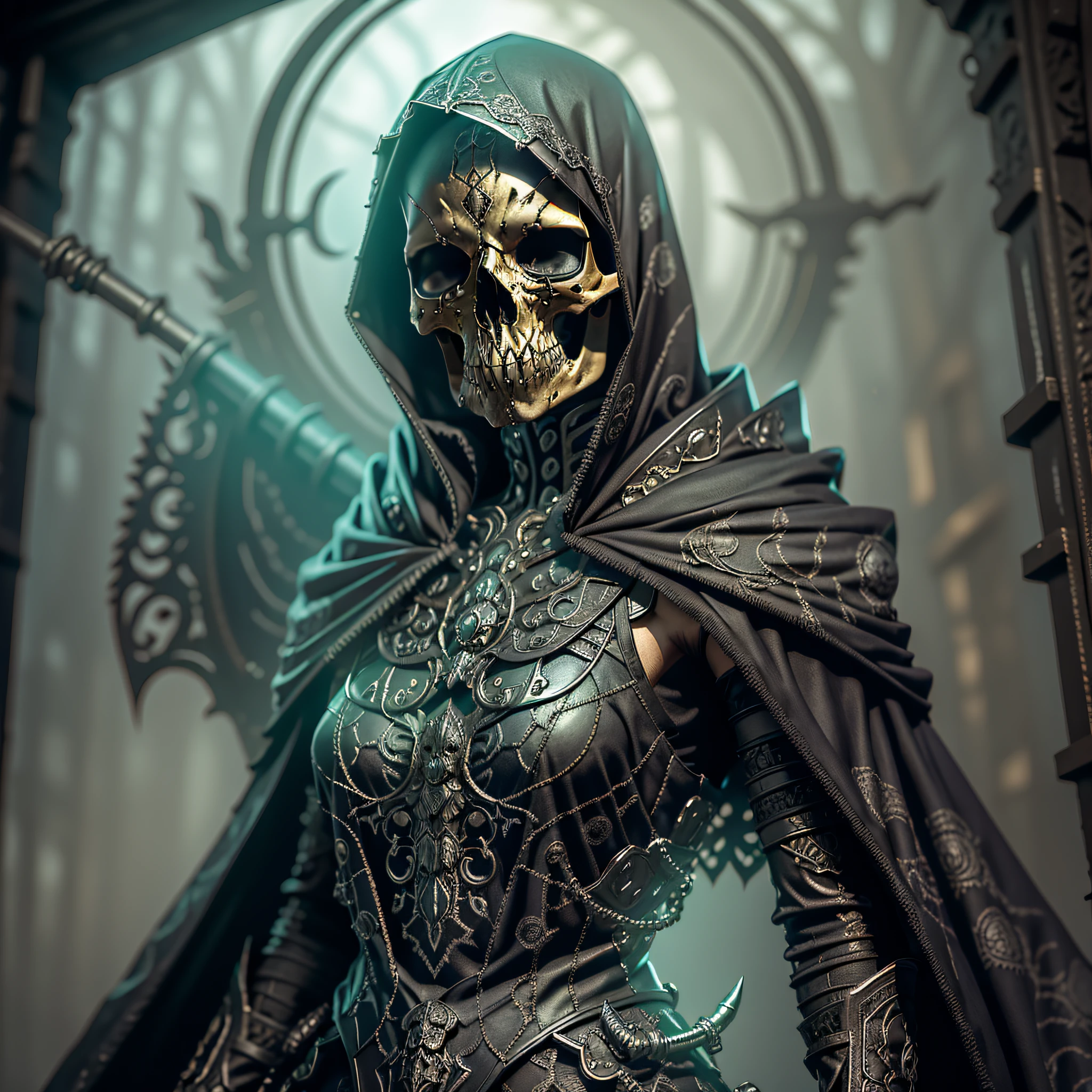 Welcome to a world of realism and fantasy, where the shadowy figure of Death stands before you. Inspired by artists like Phil Koch and Joseph Christian Leyendecker, this is a masterpiece that combines elements of mystery, fear and magic. You will find yourself before a spectral figure, with the face shaped like a skull of death. Her predatory eyes glow with dark magic as she moves around the scenery, wrapped in a hood and black cloak of old fabric and occult symbols. Death carries a death scythe in his skeletal hands, a symbol of his ruthless and inevitable nature. His body is a skull, his bones exp