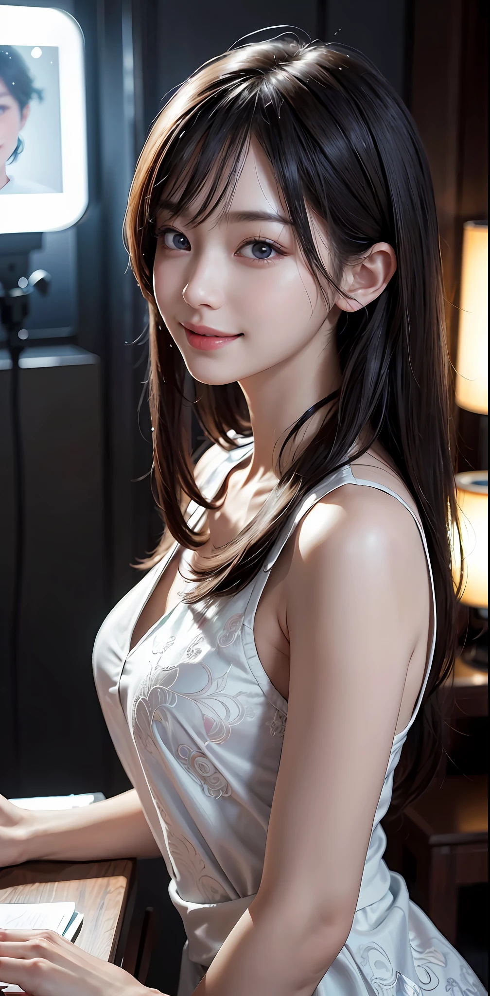 Masterpiece, 1 Beautiful Girl, Detailed, Swollen Eyes, Top Quality, Ultra High Resolution, (Reality: 1.4), Original Photo, 1Girl, Cinematic Lighting, Smiling, Japanese, Asian Beauty, Korean, Clean, Super Beautiful,  Young Face, Beautiful Skin, Slender, Cyberpunk Background, (ultra realistic), (high resolution), (8K), (very detailed), (best illustration), (beautifully detailed eyes), (super detailed), (wallpaper), (detailed face), viewer looking, fine detail, detailed face, pureerosfaceace_v1, smiling, 46 point slanted bangs, looking straight ahead, neat clothes, dark colored eyes, clothes sleeveless, body facing front,