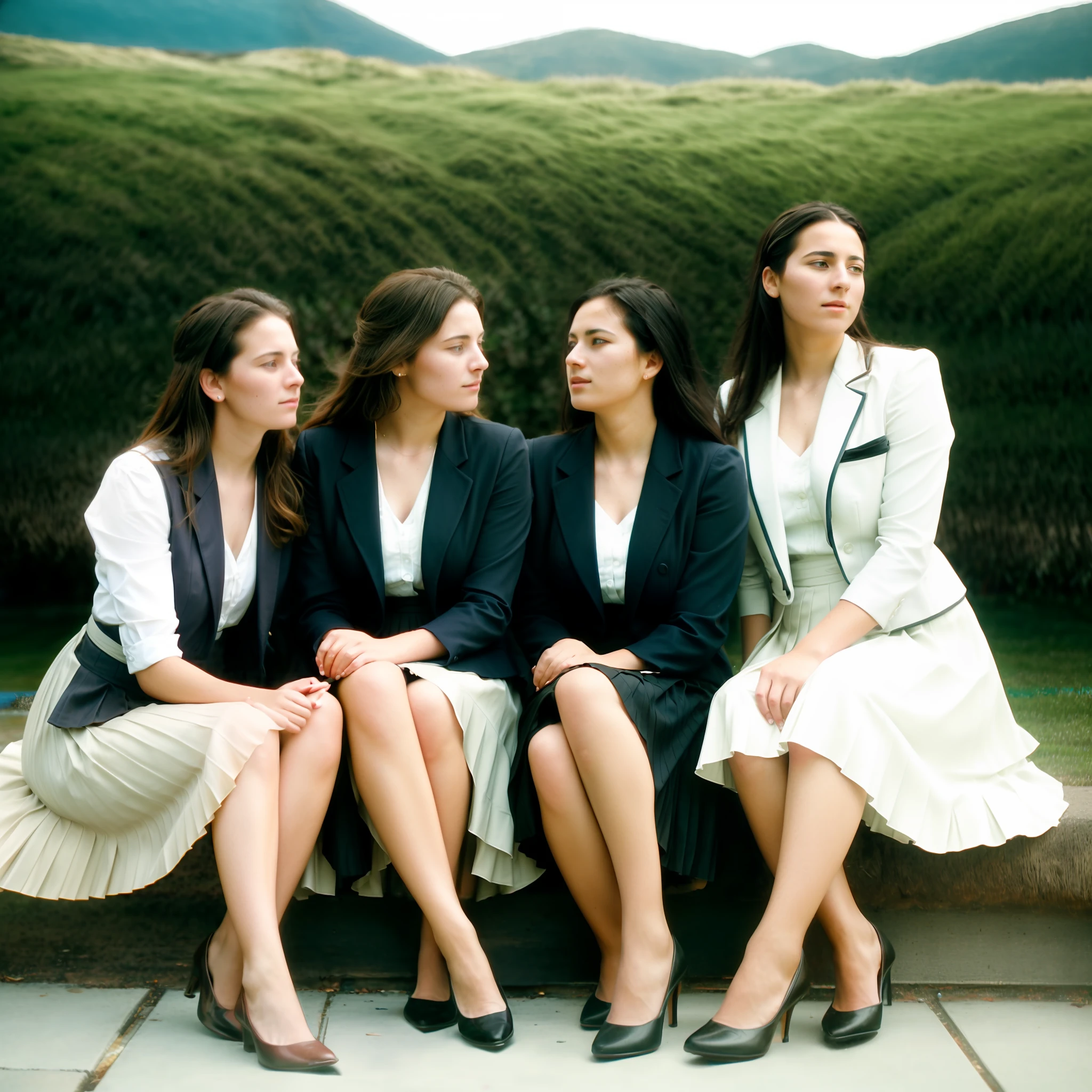 a group of lesbian therapists sitting outside and playing with their skirts, authentic (kind and tender) good women wearing short blazers with very very detailed (long (fully pleated) full circle skirts) and (simple) low heeled office shoes, very very intricate hyper-detailed symmetric (attractive graceful young feminine faces) with (sad, tired eyes and shy smiles), full of empathy and compassion and love, (pronounced (feminine) features), (highly detailed ultra accurate realistic) hands and fingers, ((windy conditions and wind blowing)), epic composition, highly detailed attributes, highly detailed atmosphere, (35mm f1.4 Kodak portra 400 photograph), extremely high quality RAW photograph, detailed background, intricate, Exquisite details and textures,