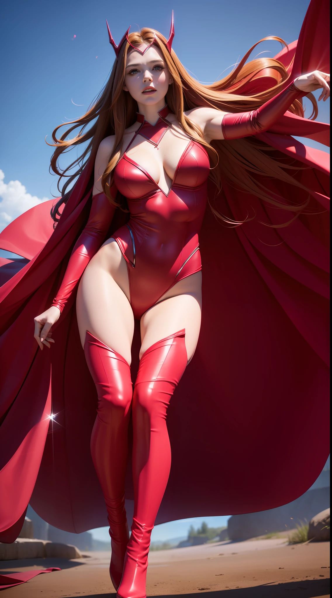 Beautiful woman, realistic skin, detailed face, beautiful face, Scarlet Witch Cosplay, Pink pantyhose, full body photo, scarlet witch tiara, Red swimsuit, Red boots, ((Scarlet Witch)), wind, red and pink magic, bright particles, sorceress, fantasy, photo (Masterpiece) (Best quality) (detail) (8K) (HD) (Wallpaper) (Cinematic lighting) (Sharp focus) (Intricate), sexy, day, sunlight,  fight marks, best quality, ultra high resolution, realistic photo, full body portrait, incredibly beautiful, dynamic poses, detailed skin texture, highly detailed skin, beautiful legs, solo, large breasts, prominent figure,