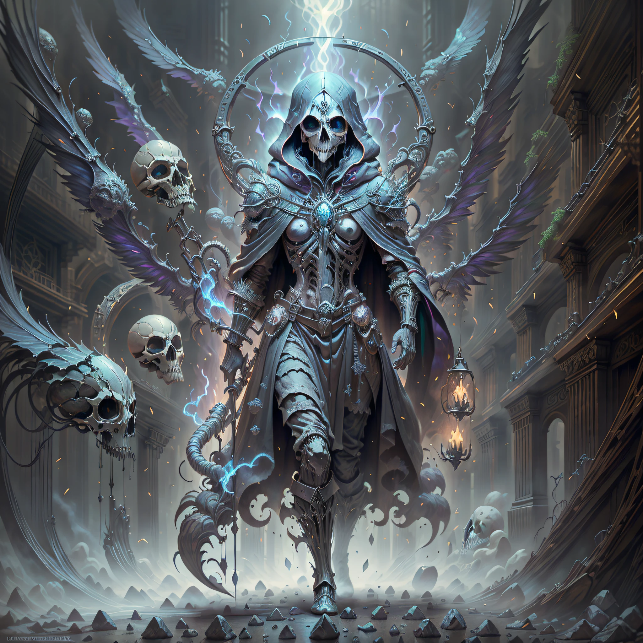 Welcome to a world of realism and fantasy, where the shadowy figure of Death stands before you. Inspired by artists like Phil Koch and Joseph Christian Leyendecker, this is a masterpiece that combines elements of mystery, fear and magic.
You will find yourself before a spectral figure, with the face shaped like a skull of death. Her predatory eyes glow with dark magic as she moves around the scenery, wrapped in a hood and black cloak of old fabric and occult symbols.
Death carries a death scythe in his skeletal hands, a symbol of his ruthless and inevitable nature. His body is a skull, his bones exp
