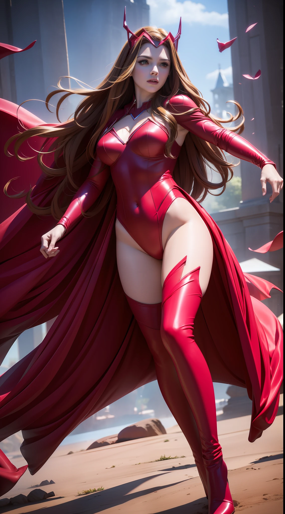 Beautiful woman, realistic skin, detailed face, beautiful face, Scarlet Witch Cosplay, Pink pantyhose, full body photo, scarlet witch tiara, Red swimsuit, Red boots, ((Scarlet Witch)), wind, red and pink magic, bright particles, sorceress, fantasy, photo (Masterpiece) (Best quality) (detail) (8K) (HD) (Wallpaper) (Cinematic lighting) (Sharp focus) (Intricate), sexy, day, sunlight,  fight marks, best quality, ultra high resolution, realistic photo, full body portrait, incredibly beautiful, dynamic poses, detailed skin texture, highly detailed skin, beautiful legs, solo, large breasts, prominent figure,