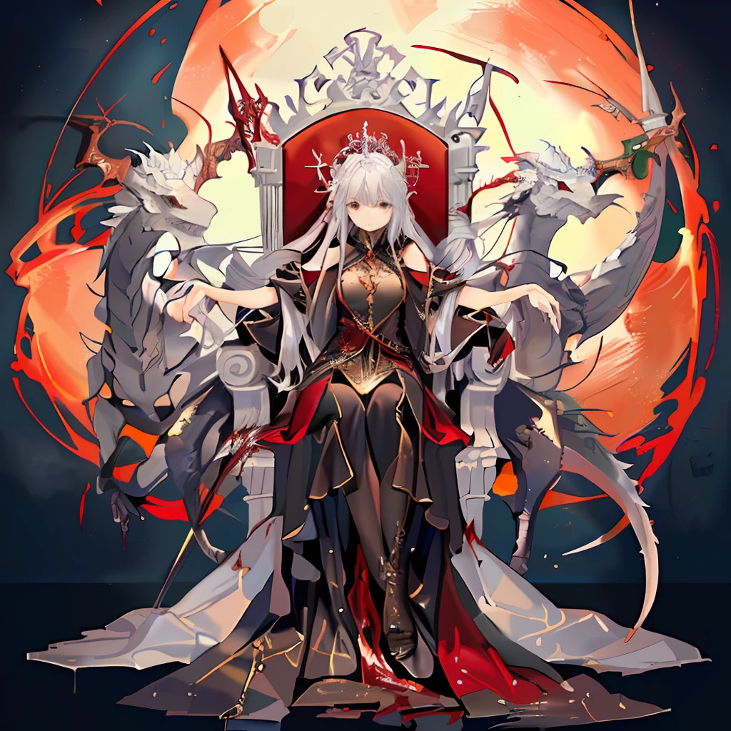 Woman with long silver hair sitting on a throne made of melted swords. Sitting on a throne made of melted swords, in a blood red dress, with super detailed, semi realistic dragon details