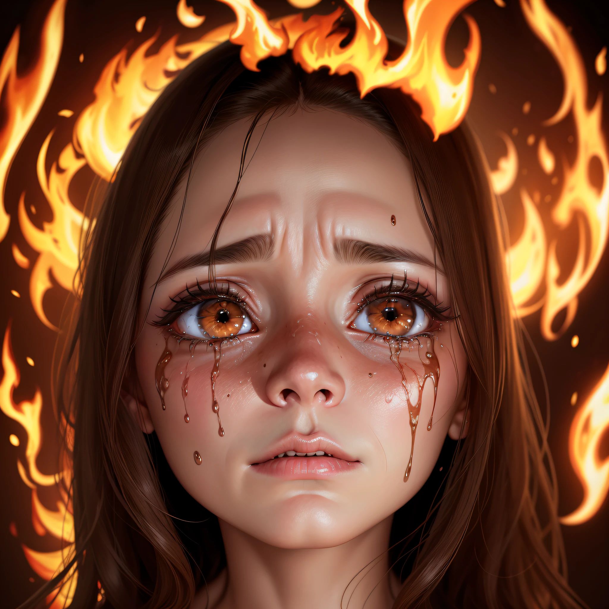 Woman of 40 years brunette, face of extrenamente scared looking up, being burned alive, tears in the eyes, hell scenario, fire, satan, demons torturing souls, BLOOMING BROWN EYES, HIGHLIGHT IN THE EYES, BRIGHT EYES, EXACT IMAGE --auto --s2