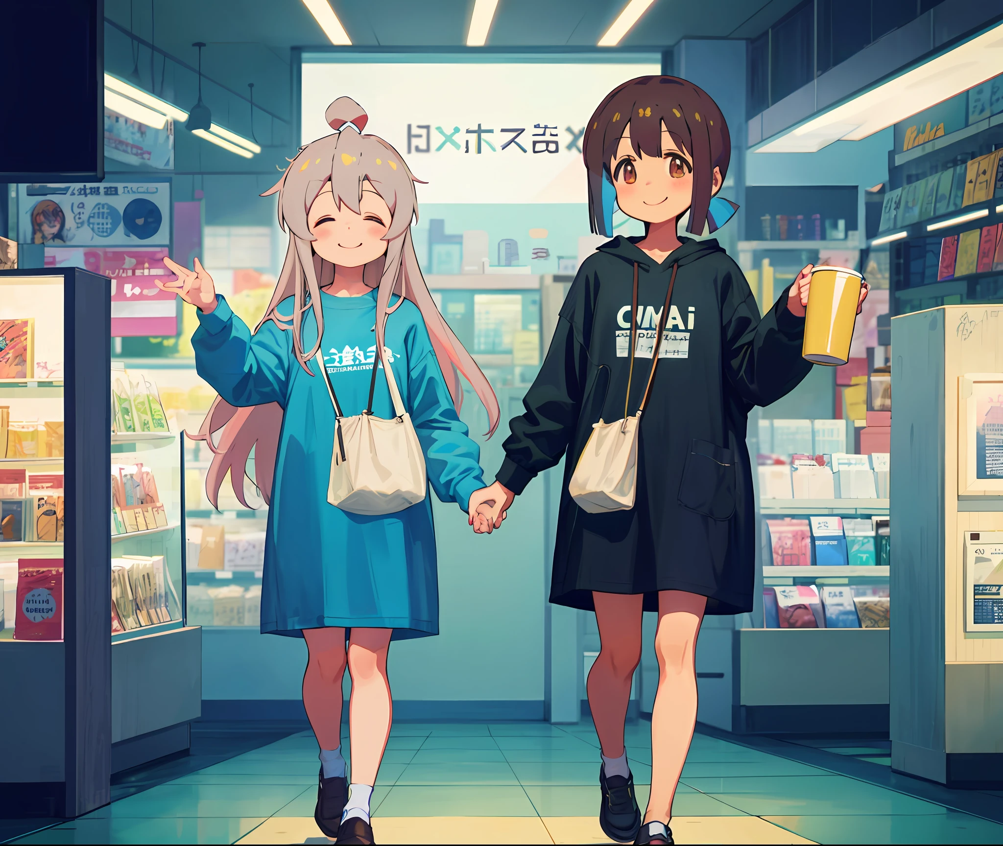 oyamamahiro, hozukimomiji, masterpiece, best quality, 1 gilr, walking together, casual wear, cheerful smile, midday lights, medium chest, cup c chest, girl body, wallpaper, girl body, high quality details, full body, commercial store background