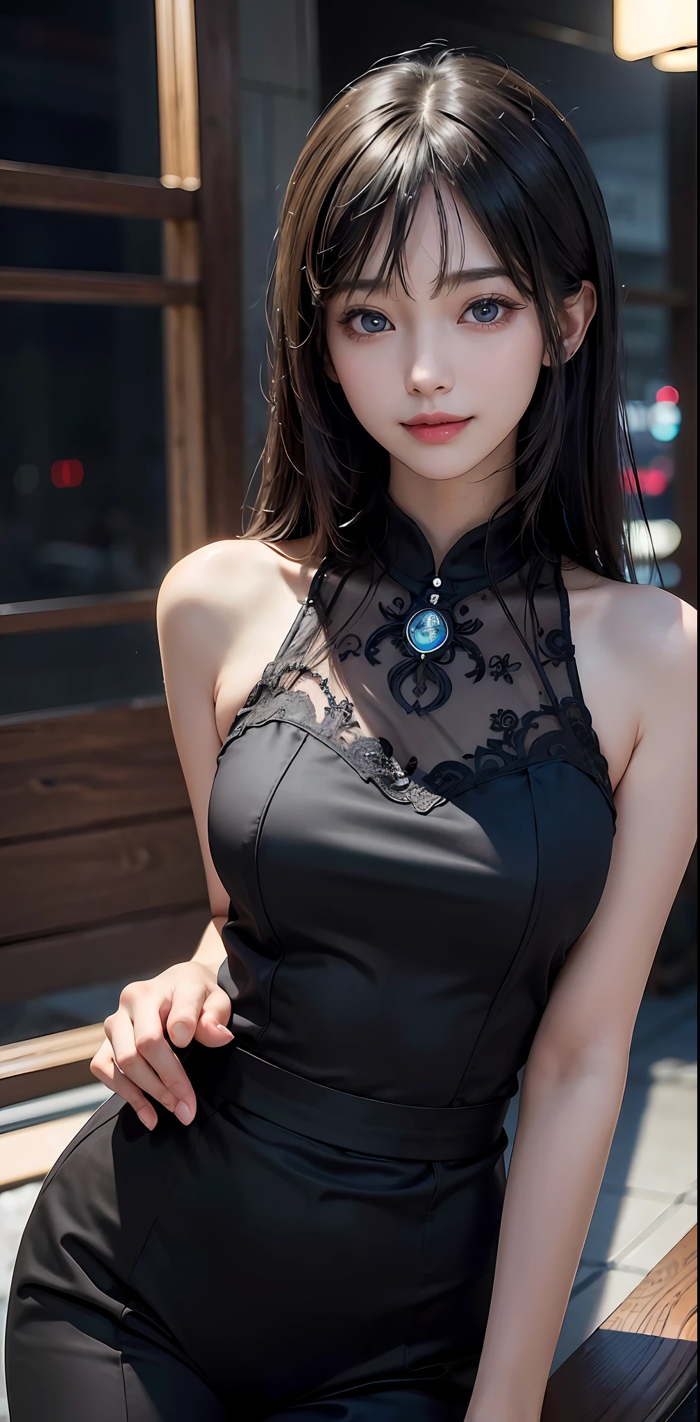 Masterpiece, 1 Beautiful Girl, Detailed, Swollen Eyes, Top Quality, Ultra High Resolution, (Reality: 1.4), Original Photo, 1Girl, Cinematic Lighting, Smiling, Japanese, Asian Beauty, Korean, Clean, Super Beautiful, Young Face, Beautiful Skin, Slender, Cyberpunk Background, (ultra realistic), (high resolution), (8K), (very detailed), (best illustration), (beautifully detailed eyes), (super detailed), (wallpaper), (detailed face), viewer looking, fine detail, detailed face, pureerosfaceace_v1, smiling, 46 point slanted bangs, looking straight ahead, neat clothes, dark colored eyes, clothes sleeveless, body facing front,