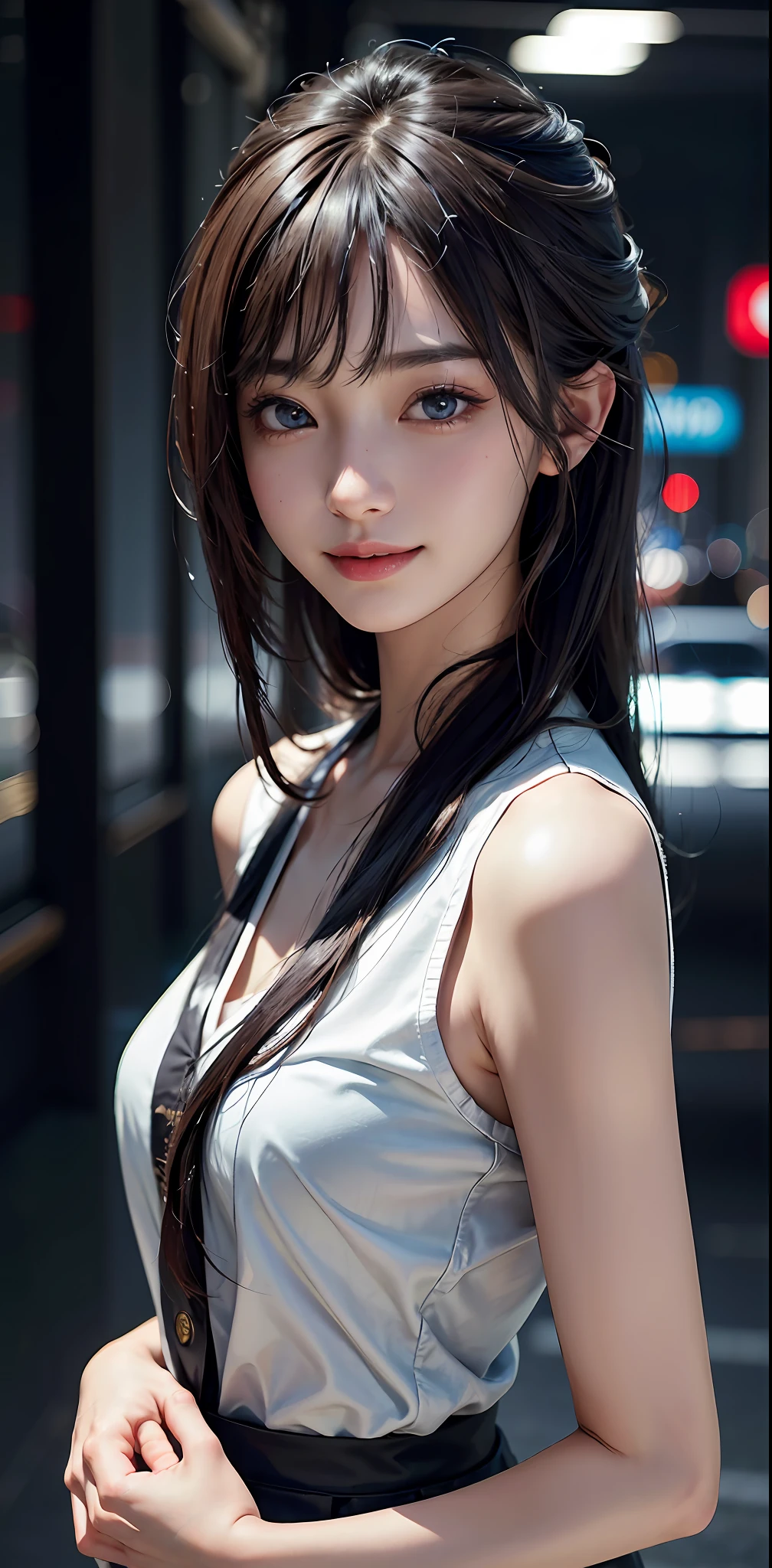Masterpiece, 1 Beautiful Girl, Detailed, Swollen Eyes, Top Quality, Ultra High Resolution, (Reality: 1.4), Original Photo, 1Girl, Cinematic Lighting, Smiling, Japanese, Asian Beauty, Korean, Clean, Super Beautiful,  Young Face, Beautiful Skin, Slender, Cyberpunk Background, (ultra realistic), (high resolution), (8K), (very detailed), (best illustration), (beautifully detailed eyes), (super detailed), (wallpaper), (detailed face), viewer looking, fine detail, detailed face, pureerosfaceace_v1, smiling, 46 point slanted bangs, looking straight ahead, neat clothes, dark colored eyes, clothes sleeveless, body facing front,