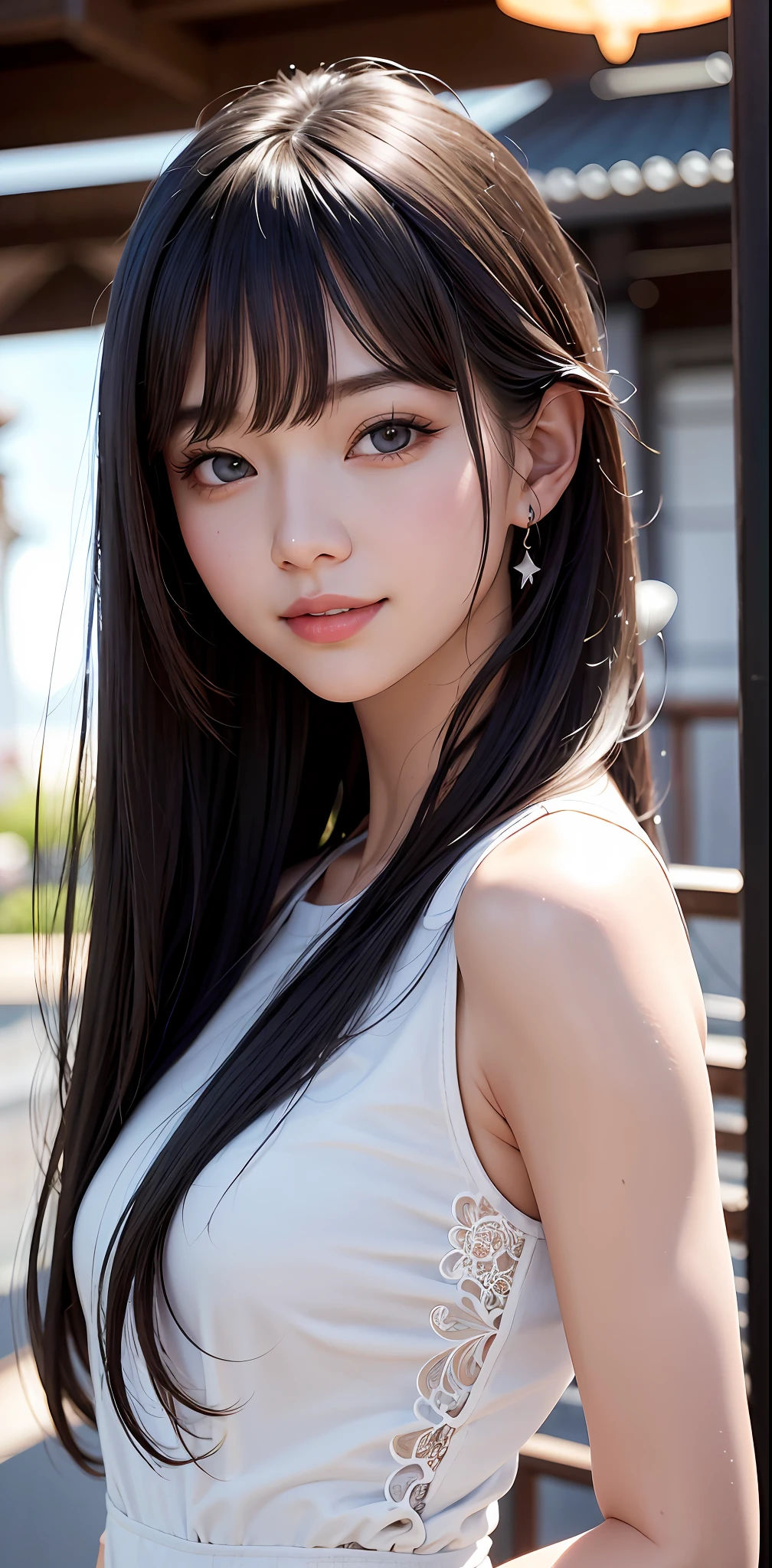 Masterpiece, 1 Beautiful Girl, Detailed, Swollen Eyes, Top Quality, Ultra High Resolution, (Reality: 1.4), Original Photo, 1Girl, Cinematic Lighting, Smiling, Japanese, Asian Beauty, Korean, Clean, Super Beautiful, Little Young Face, Beautiful Skin, Slender, Cyberpunk Background, (ultra realistic), (high resolution), (8K), (very detailed), (best illustration), (beautifully detailed eyes), (super detailed), (wallpaper), (detailed face), viewer looking, fine detail, detailed face, pureerosfaceace_v1, smiling, 46 point slanted bangs, looking straight ahead, neat clothes, dark colored eyes, clothes sleeveless, body facing front,